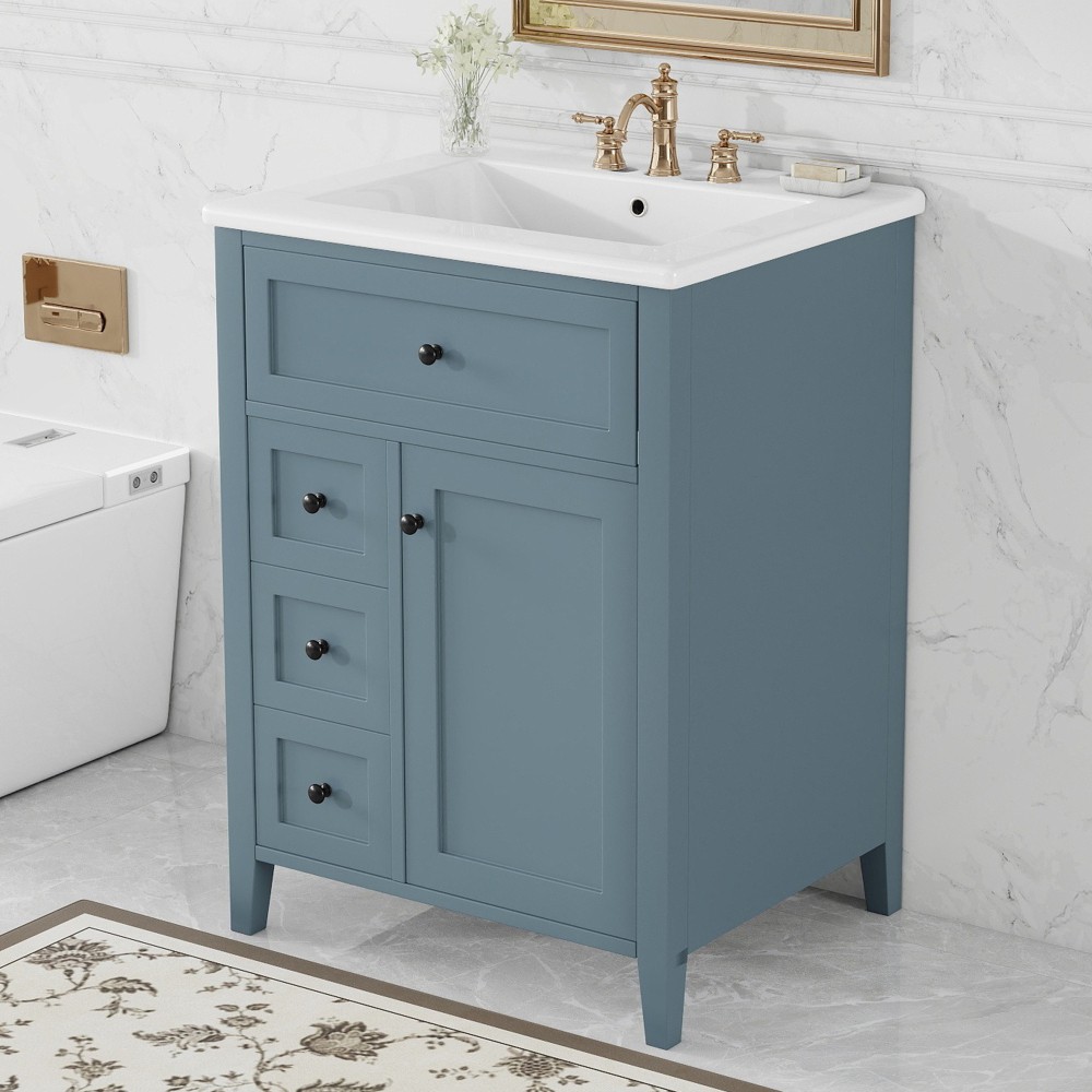 24 Inch Blue Gray Bathroom Vanity with Sink Solid Wood MDF Cabinet