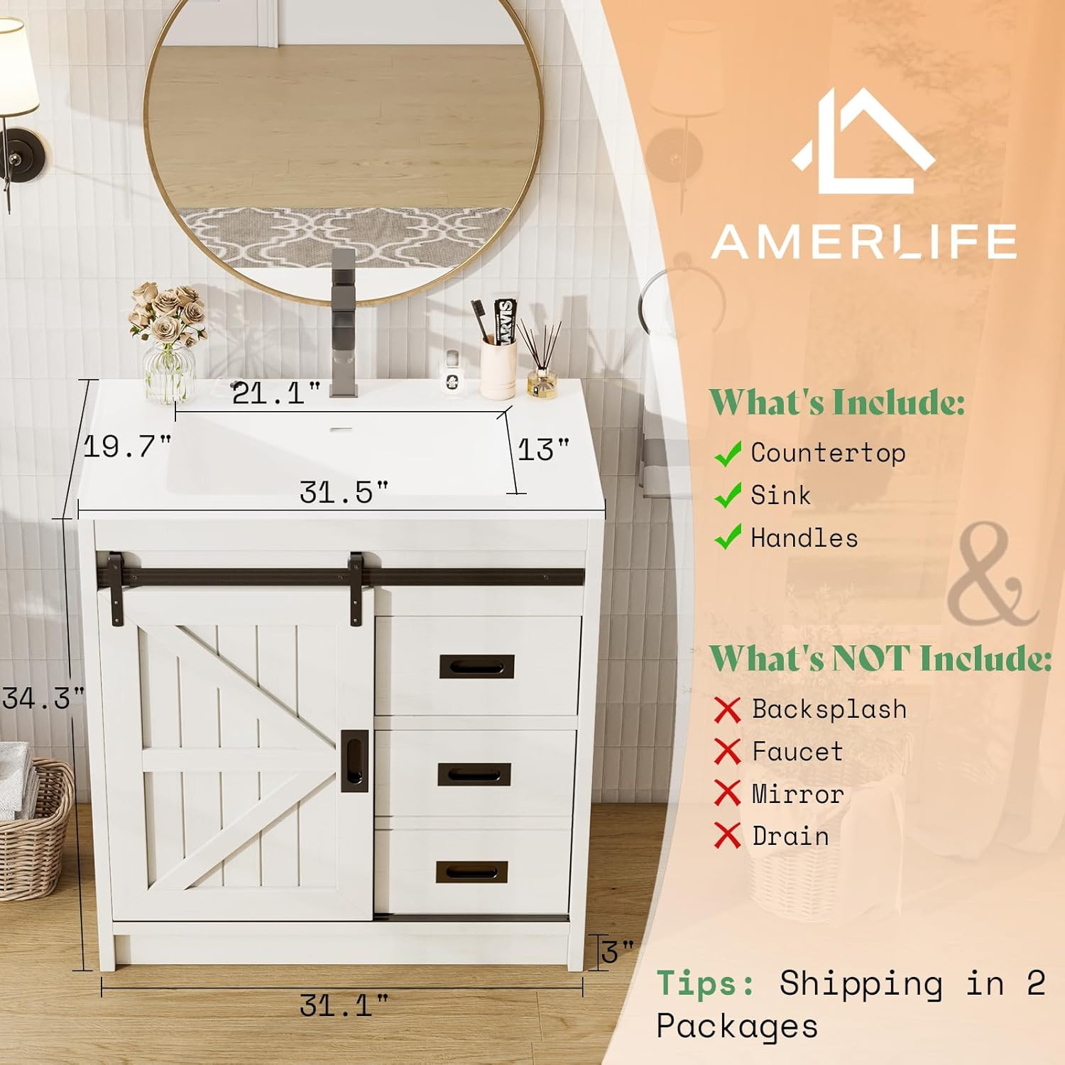 AMERLIFE Farmhouse Bathroom Vanity with Sink Combo, 30In Sliding Barn Door Bathr
