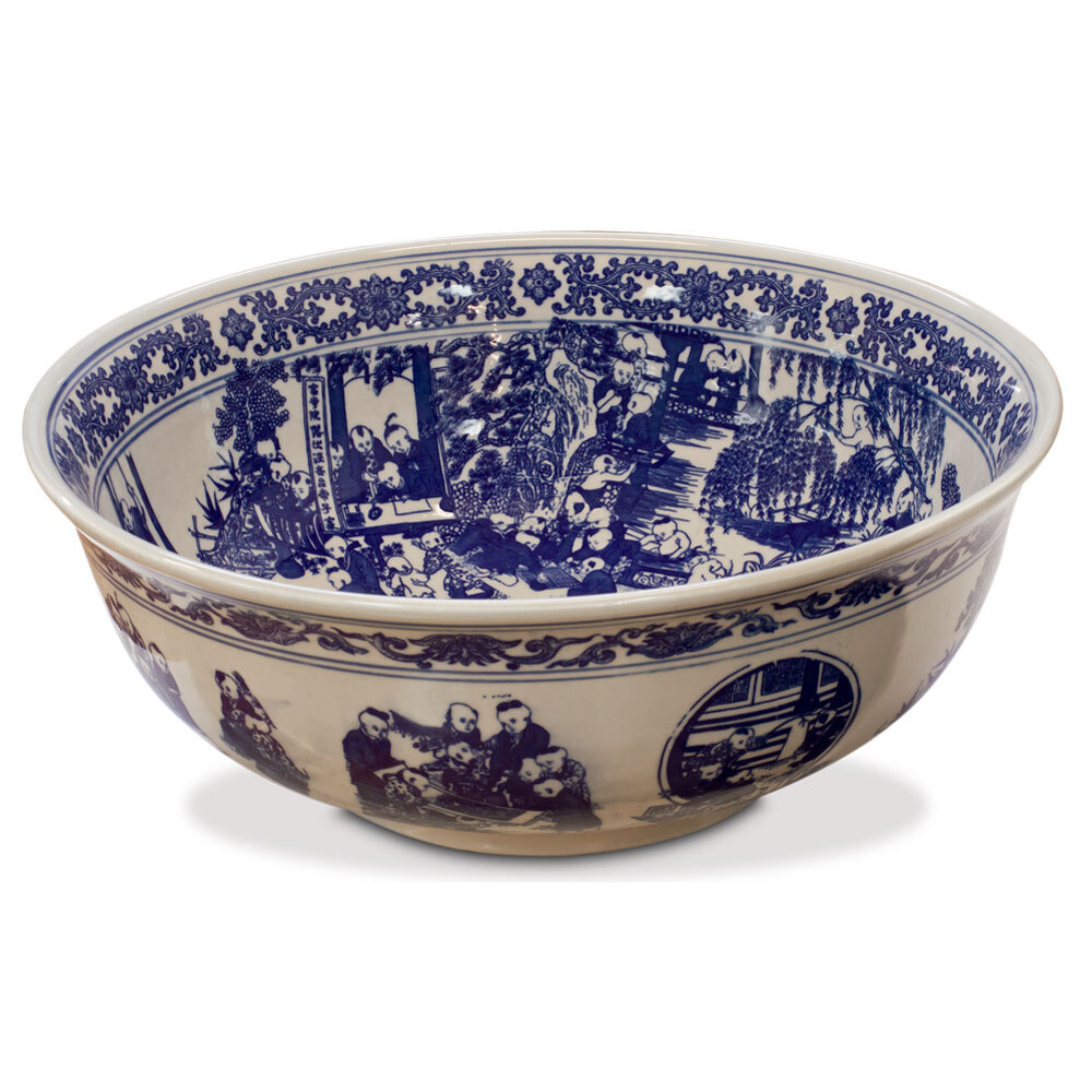 US Seller – Blue and White Porcelain Schoolyard Scene Oriental Basin