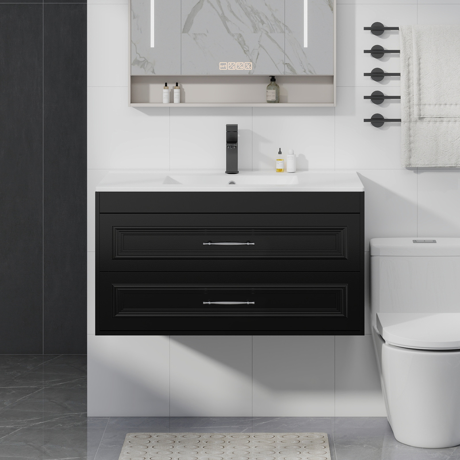 36″ Black Wall Mounted Floating Vanity with Sink Soft Close Bathroom Cabinet