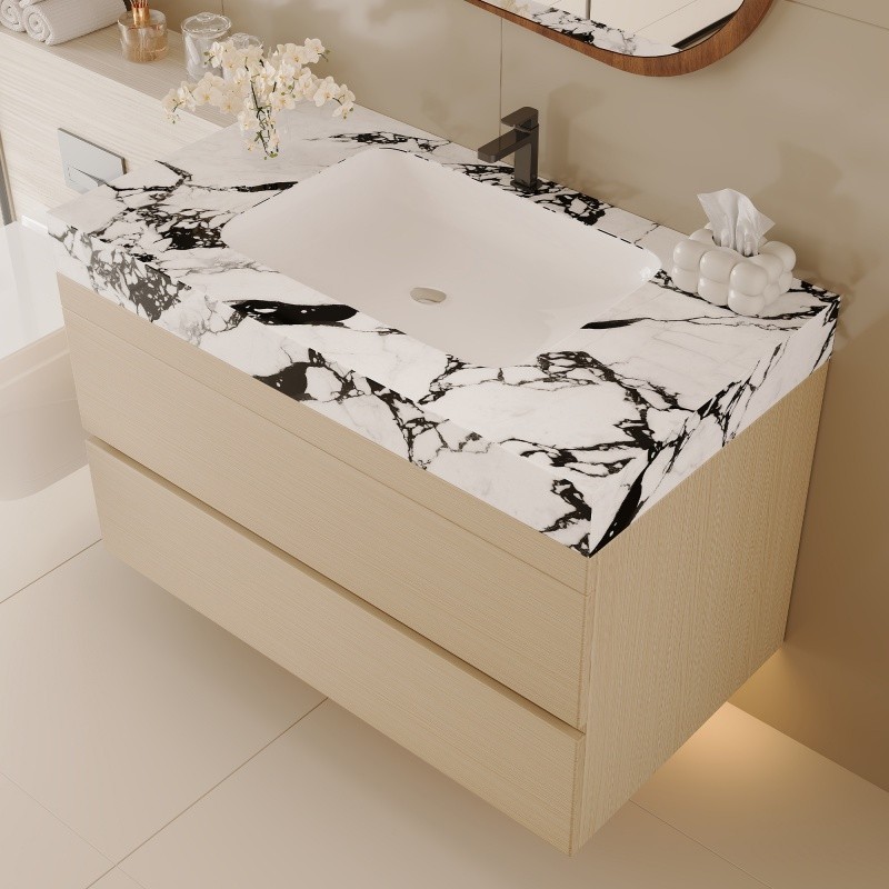 29.9″ Modern Floating Bathroom Vanity with Faux Marble Top and Ceramic Sink