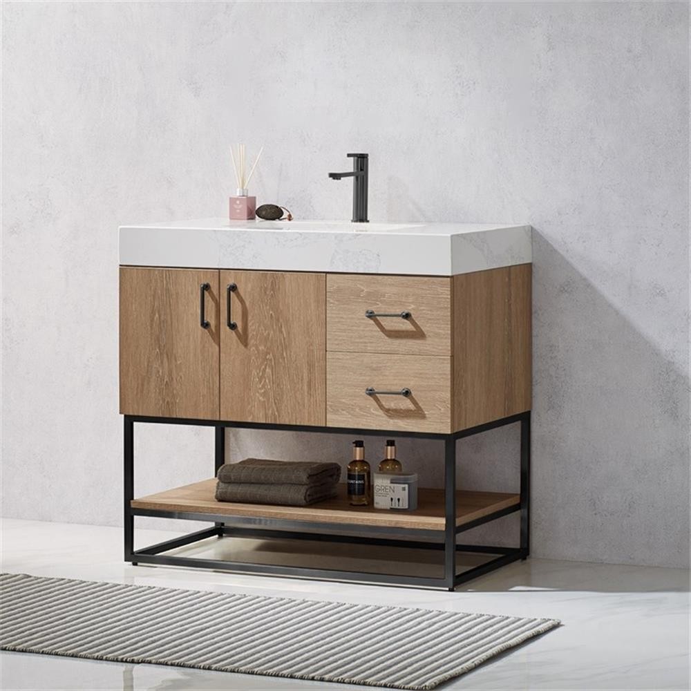 Pemberly Row 36″ White Stone Top Oak Single Vanity Black Frame w/o Mirror