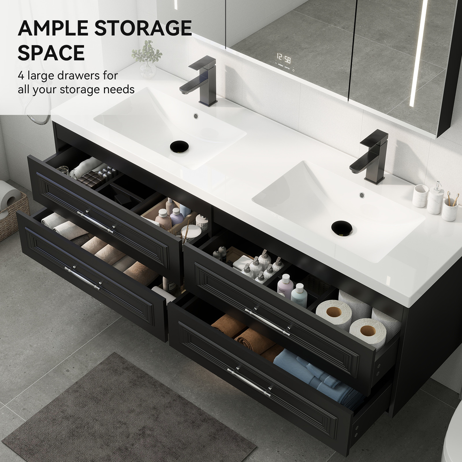 60″ Black Wall Mounted Bathroom Vanity with Sink and Soft Close Floating Cabinet