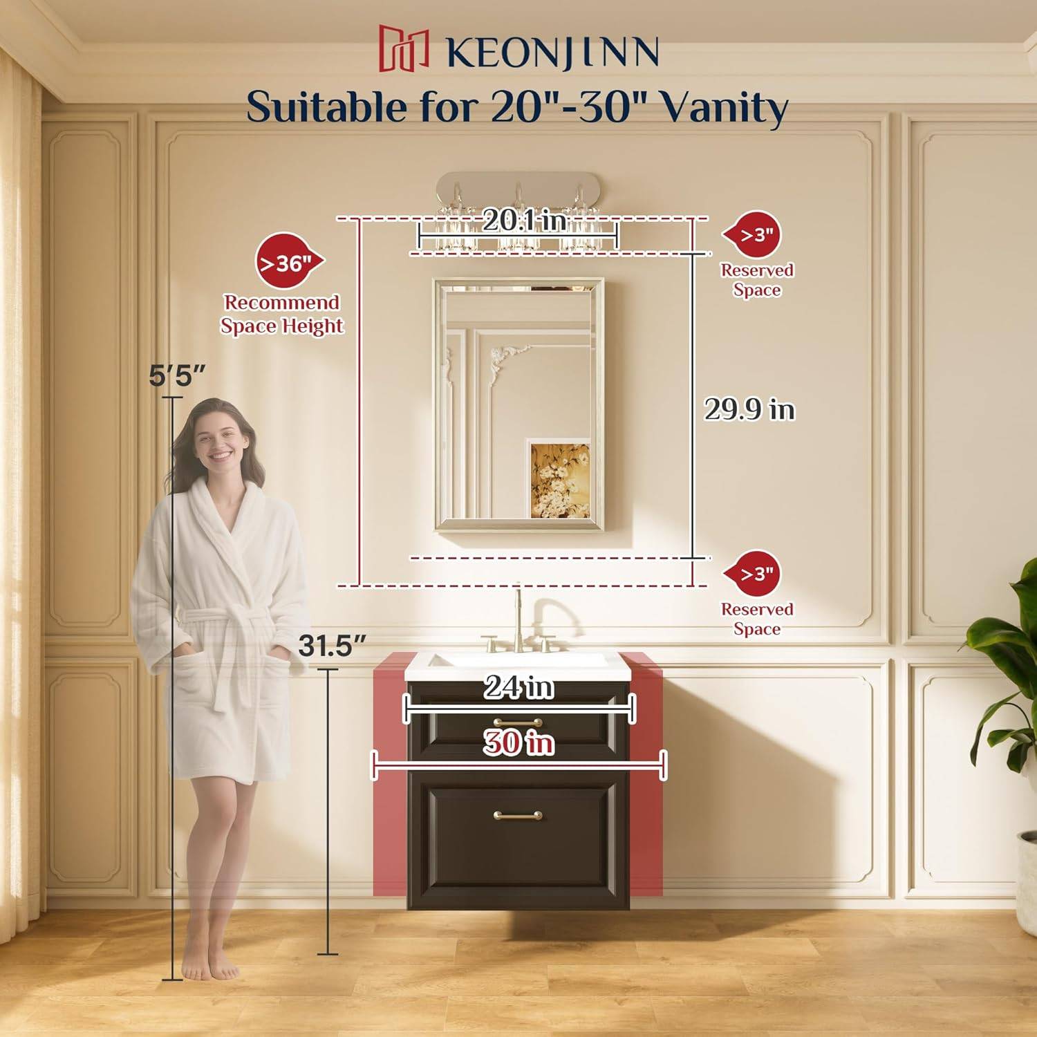 Keonjinn 20″ X 30″ Brushed Nickel Bathroom Mirrors for over Sink, Silver Vanity