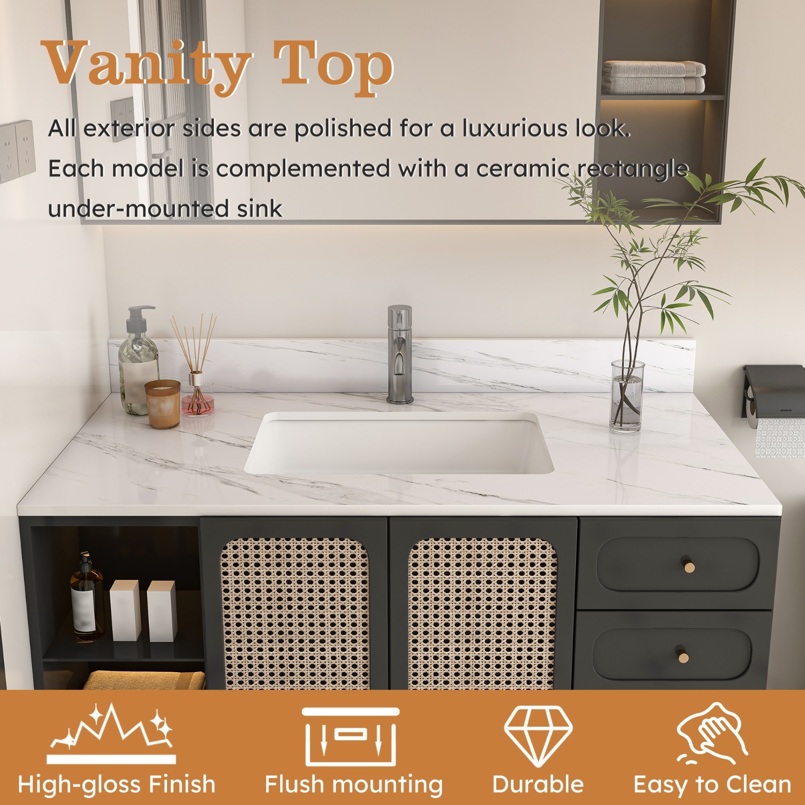 43″ White Marble Vanity Top w/ Undermount Sink, 1 Holes, 4″ Backsplash