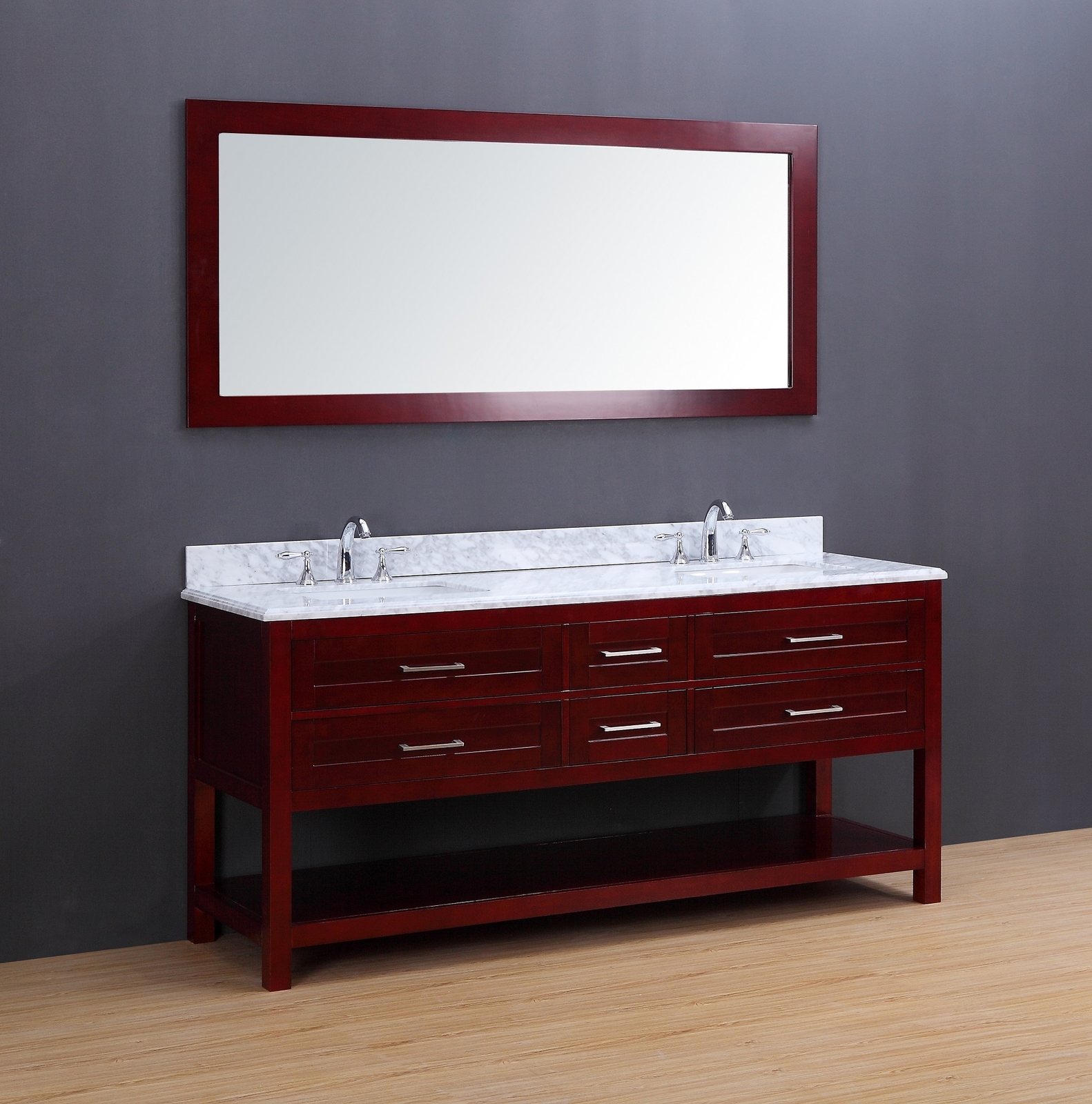 72″ Double Sink Bathroom Vanity Set White Carrera Marble Cherry Finish – Neva