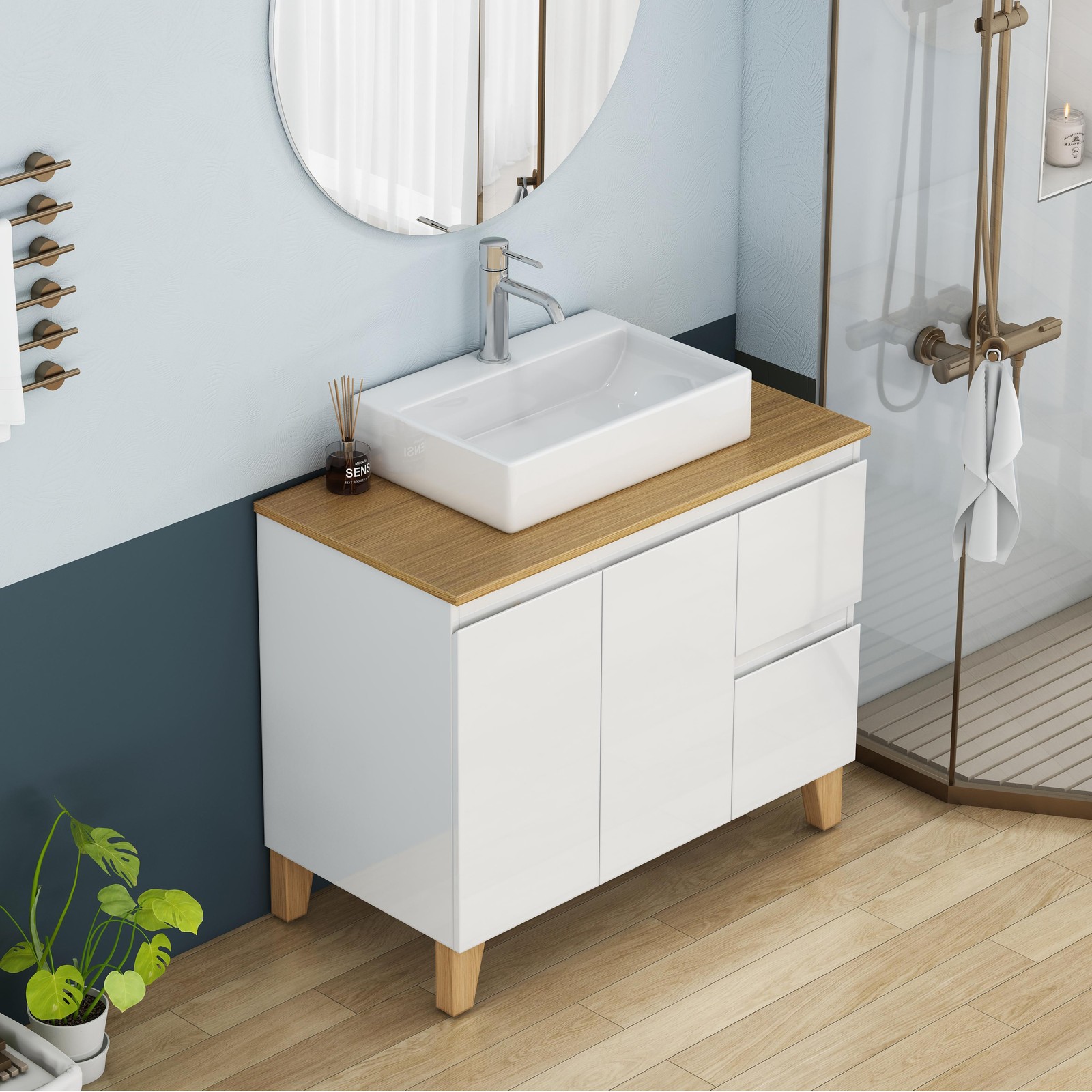 36 Inch Bathroom Vanity with Sink Combo, Glossy White, Solid Wood Top