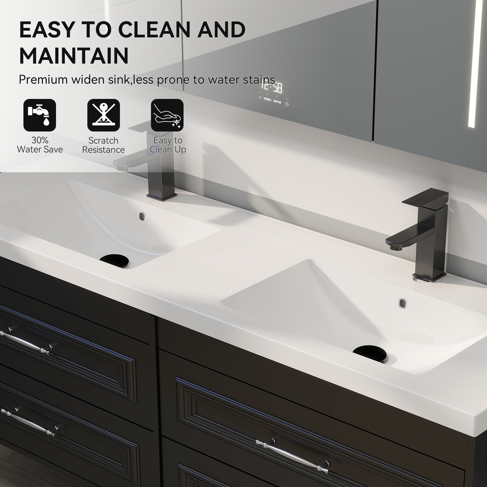 60″ Black Wall Mounted Floating Vanity Bathroom Cabinet Soft Close Door & Sink