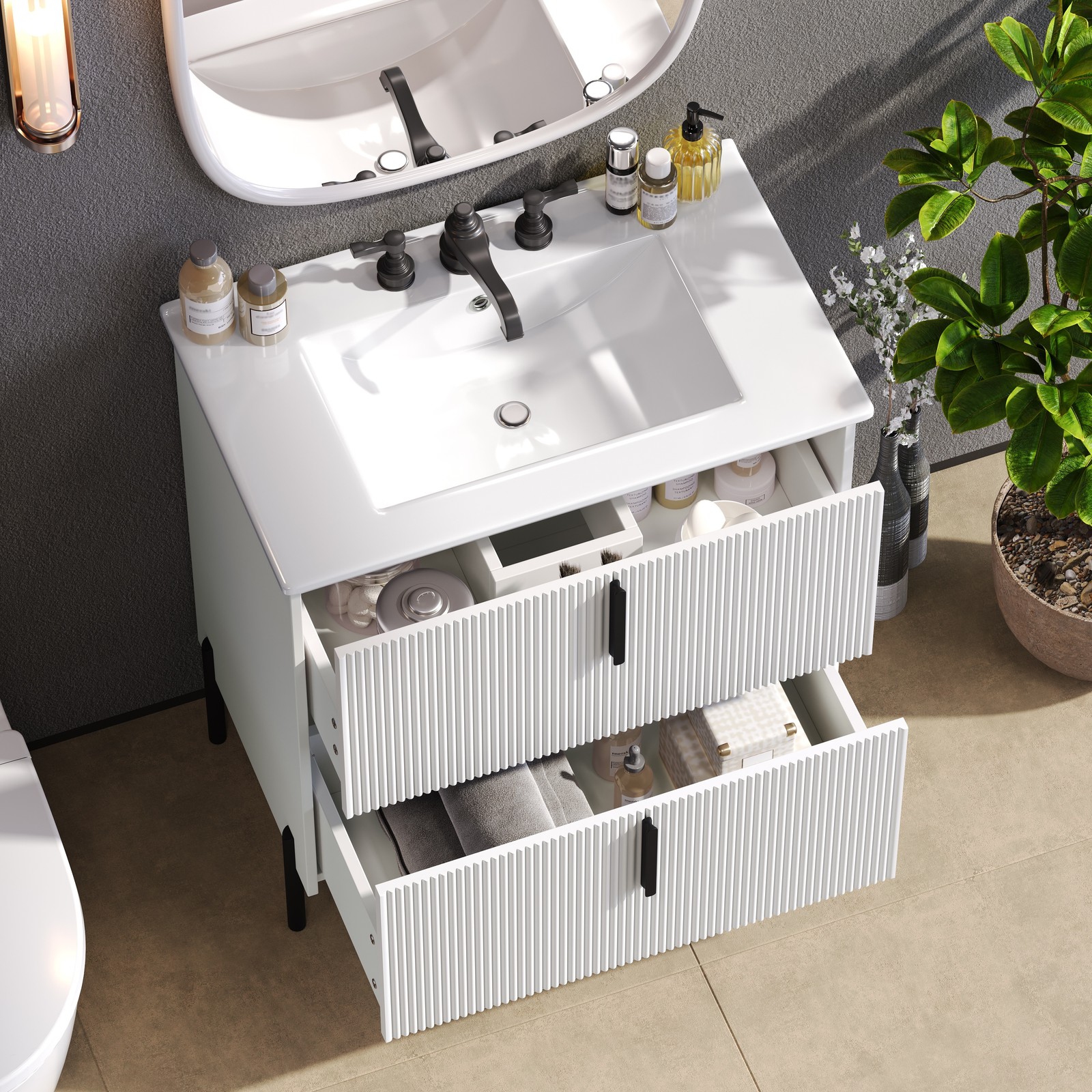 30″ Bathroom Vanity w/Ceramic Sink&Full-Extension Drawers Modern Storage Cabinet