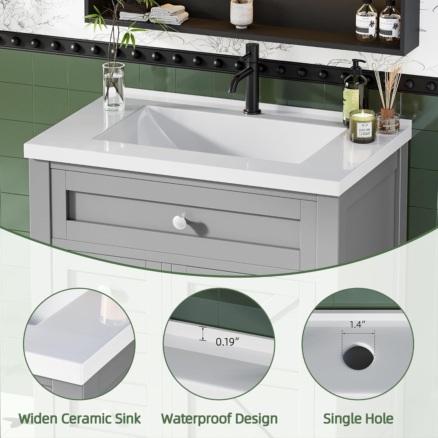 30” Grey Bathroom Vanity with Sink, Drawers & Metal Handles, Freestanding