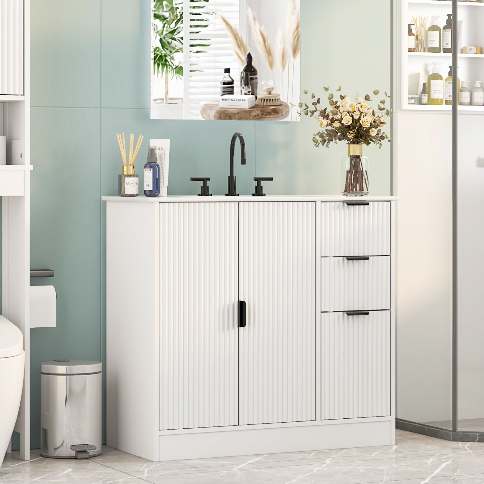 Bathroom Vanity With Sink Freestanding White Cabinet Storage Ceramic Vessel Sink