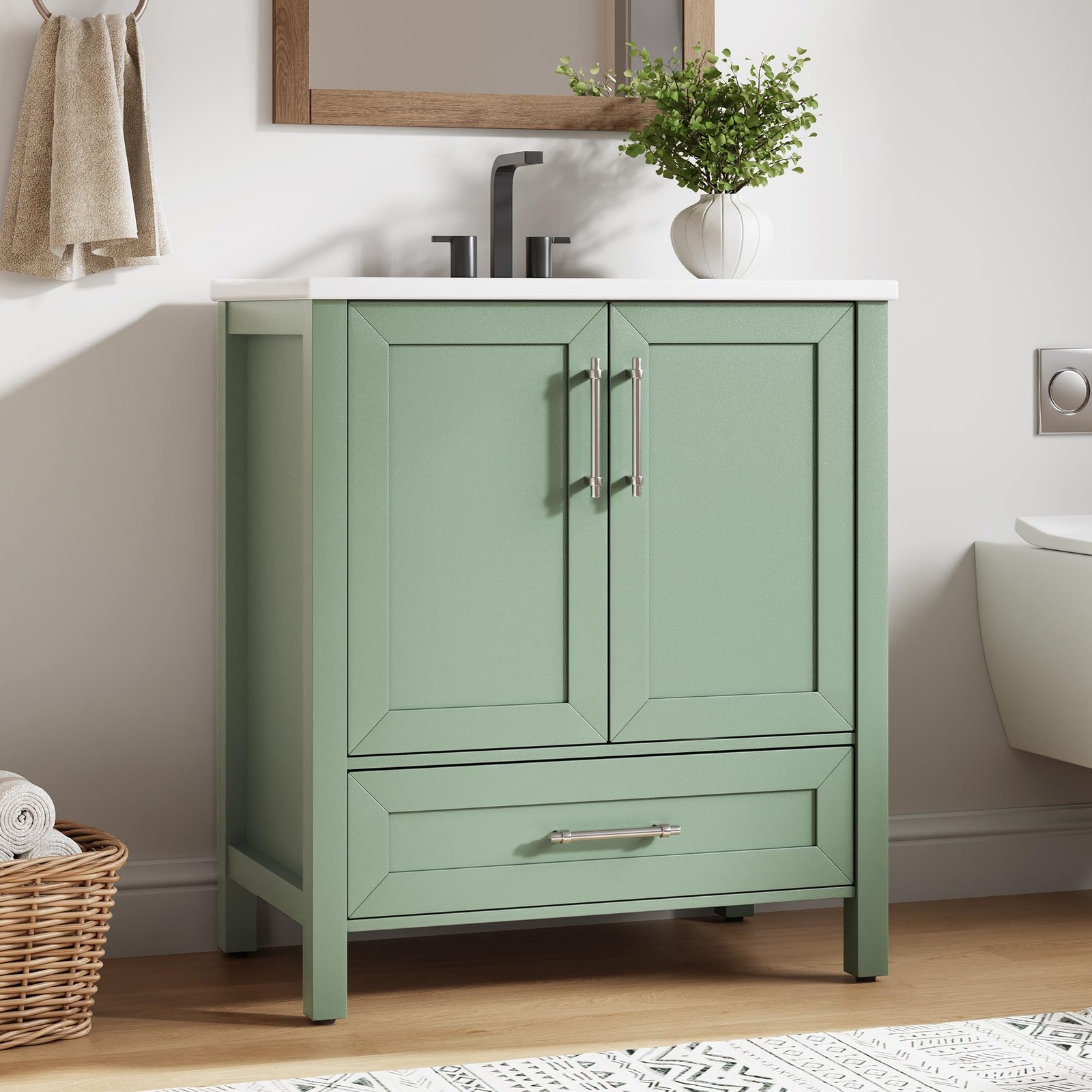 Small Space 30″ Vanity, Wood Freestanding, Soft-Close Door, Metal Handle, Sink