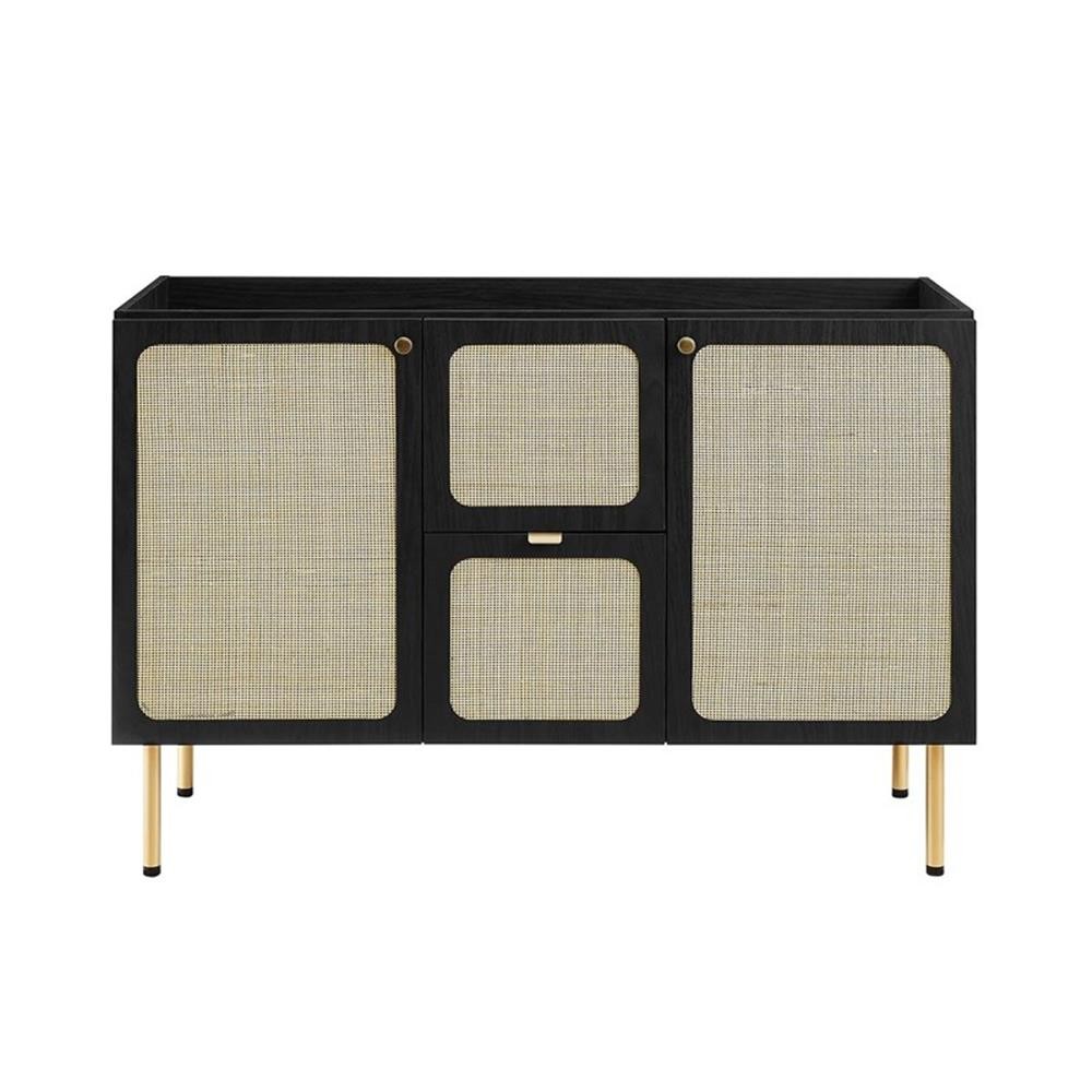 Pemberly Row 48″ Wood & Rattan Bathroom Vanity Cabinet in Black