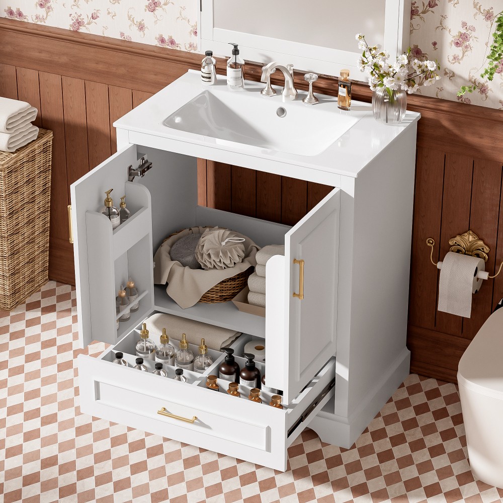 24″Bathroom Vanity with Sink MDF Cabinet with Solid Wood Frame, 1 Divided Drawer
