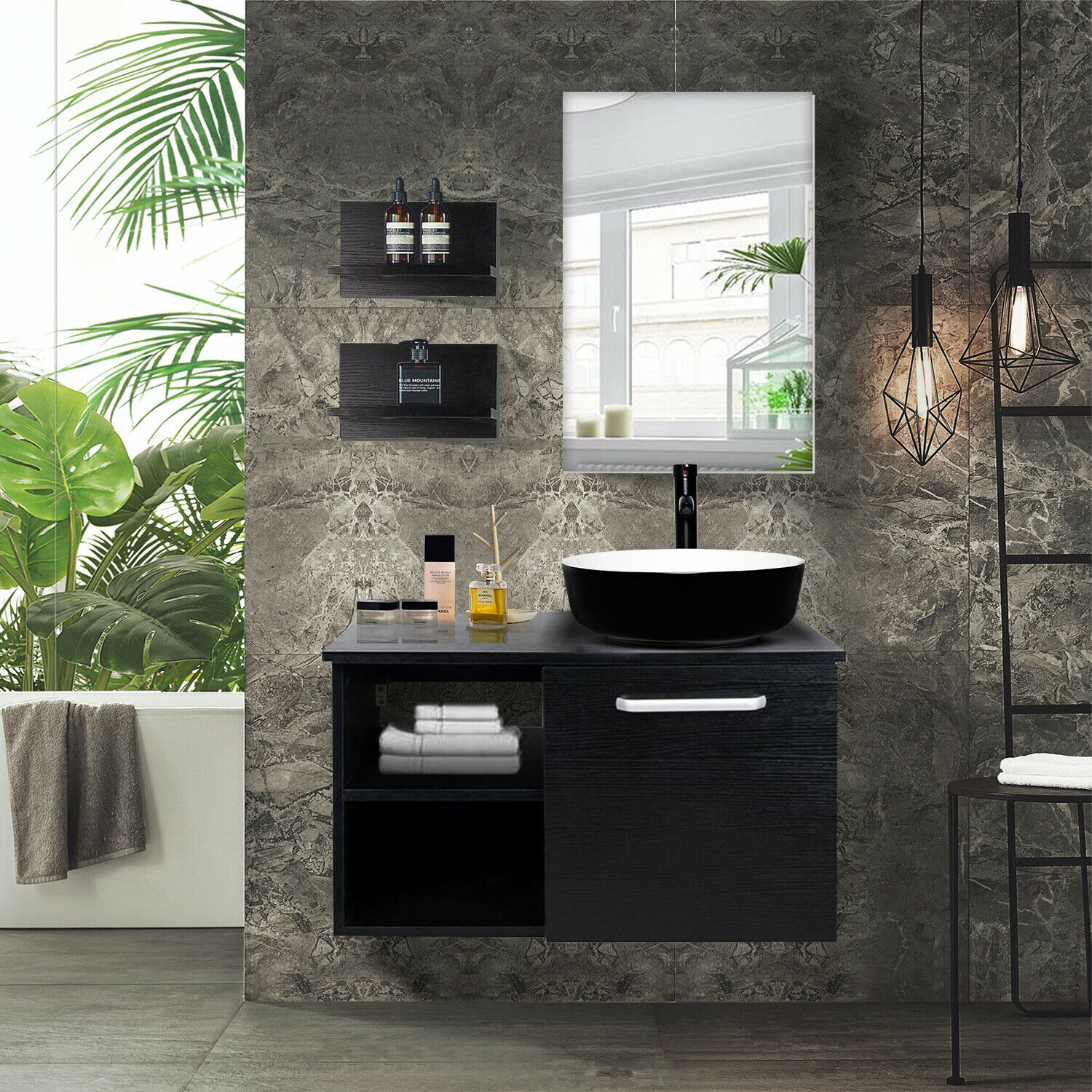 28 in Bathroom Vanity Floating Cabinet with Vessel Sink & Mirror Faucet Drain