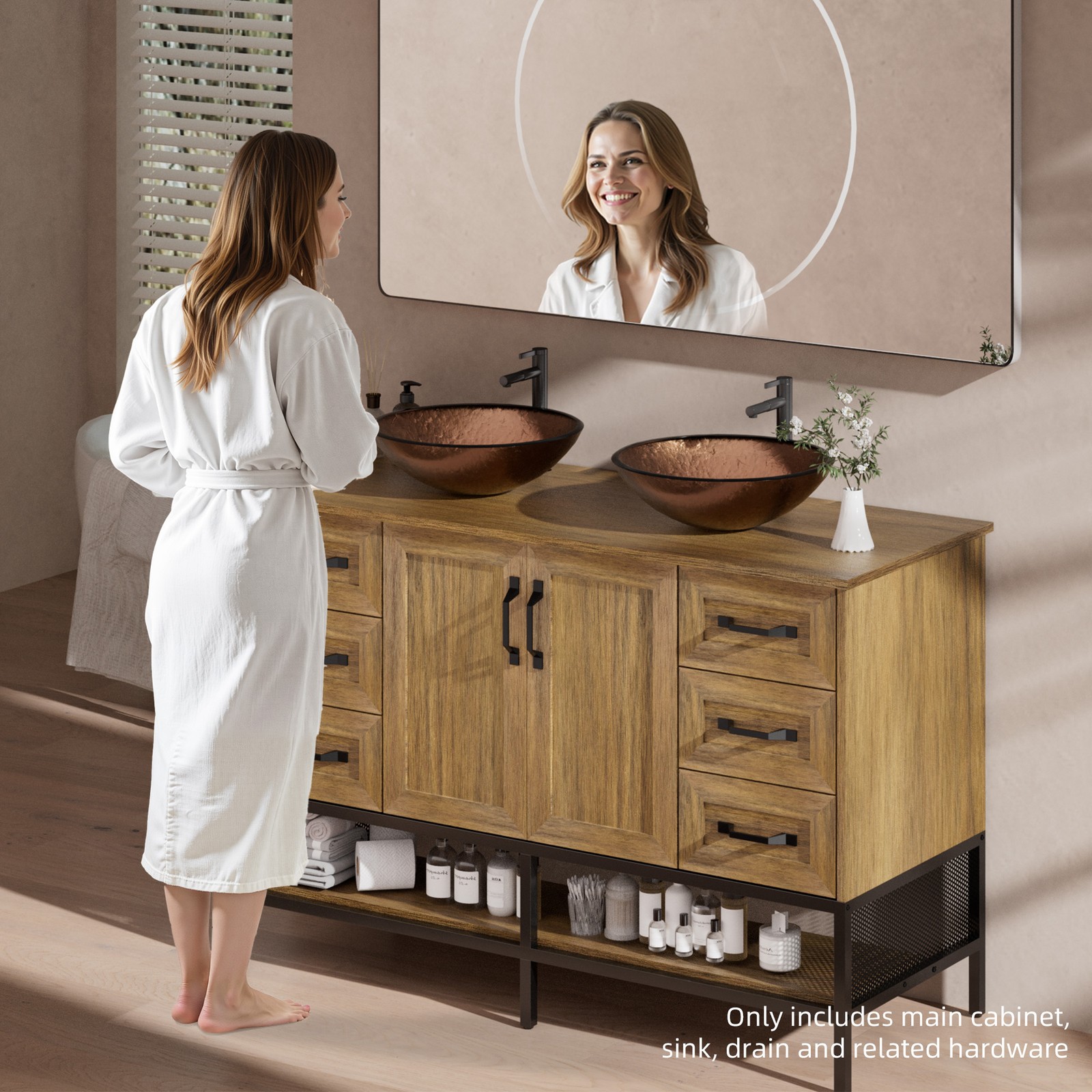 48″ Bathroom Vanity w/ Countertop Tempered Glass Vessel Modern Iron Wood Cabinet