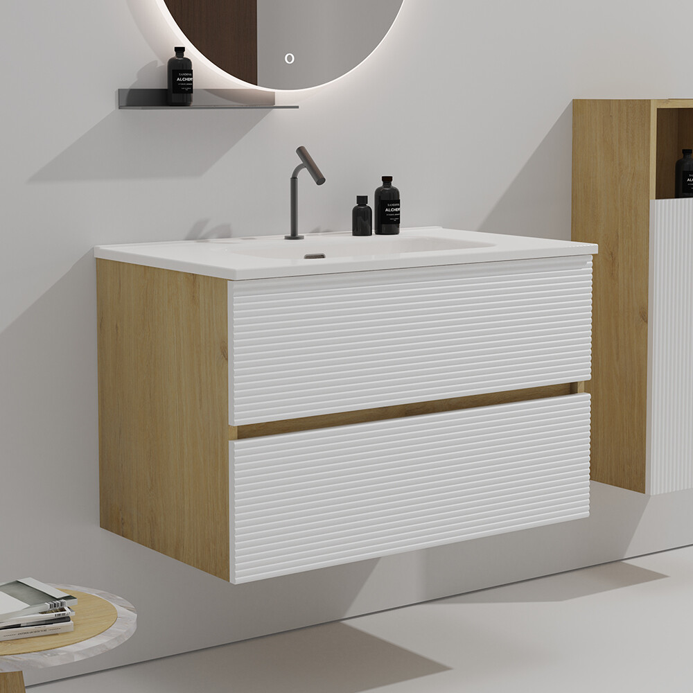 24″ 30″ 36″ Wall Mounted Bathroom Vanity w/Sink,Floating Vanity Cabinet,2 Drawer