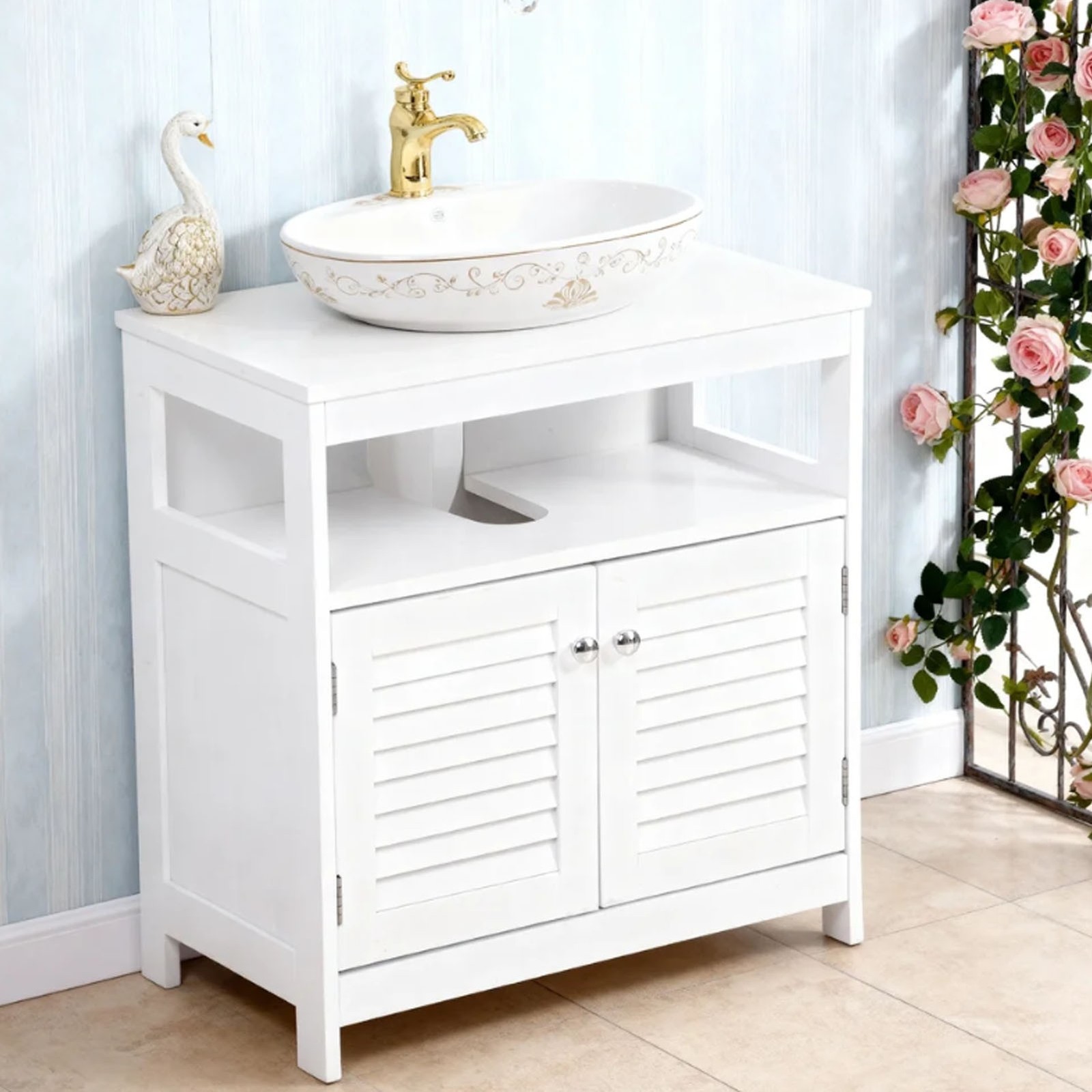 Bathroom Vessel Sink Vanity Under Sink Storage Cabinet With 2 Doors Open Shelf