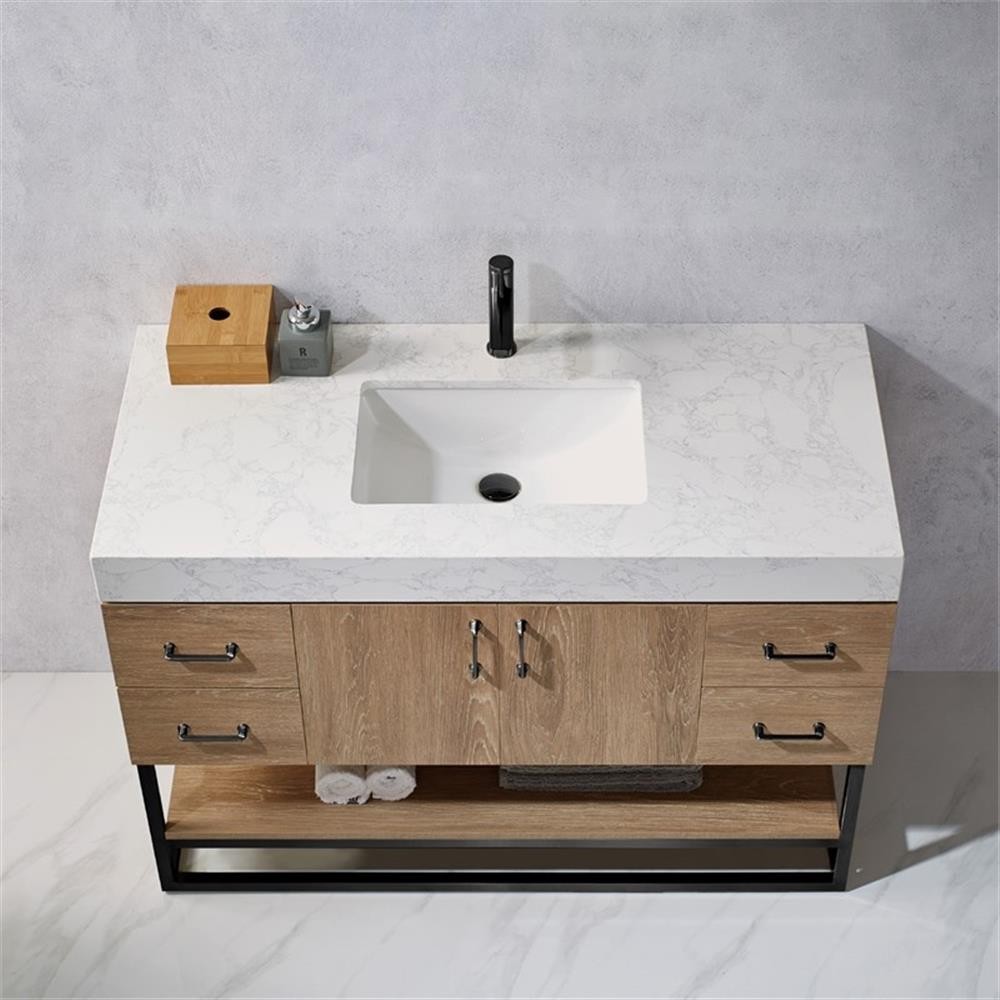 Pemberly Row 48″ White Stone Top Oak Single Vanity Black Frame w/o Mirror
