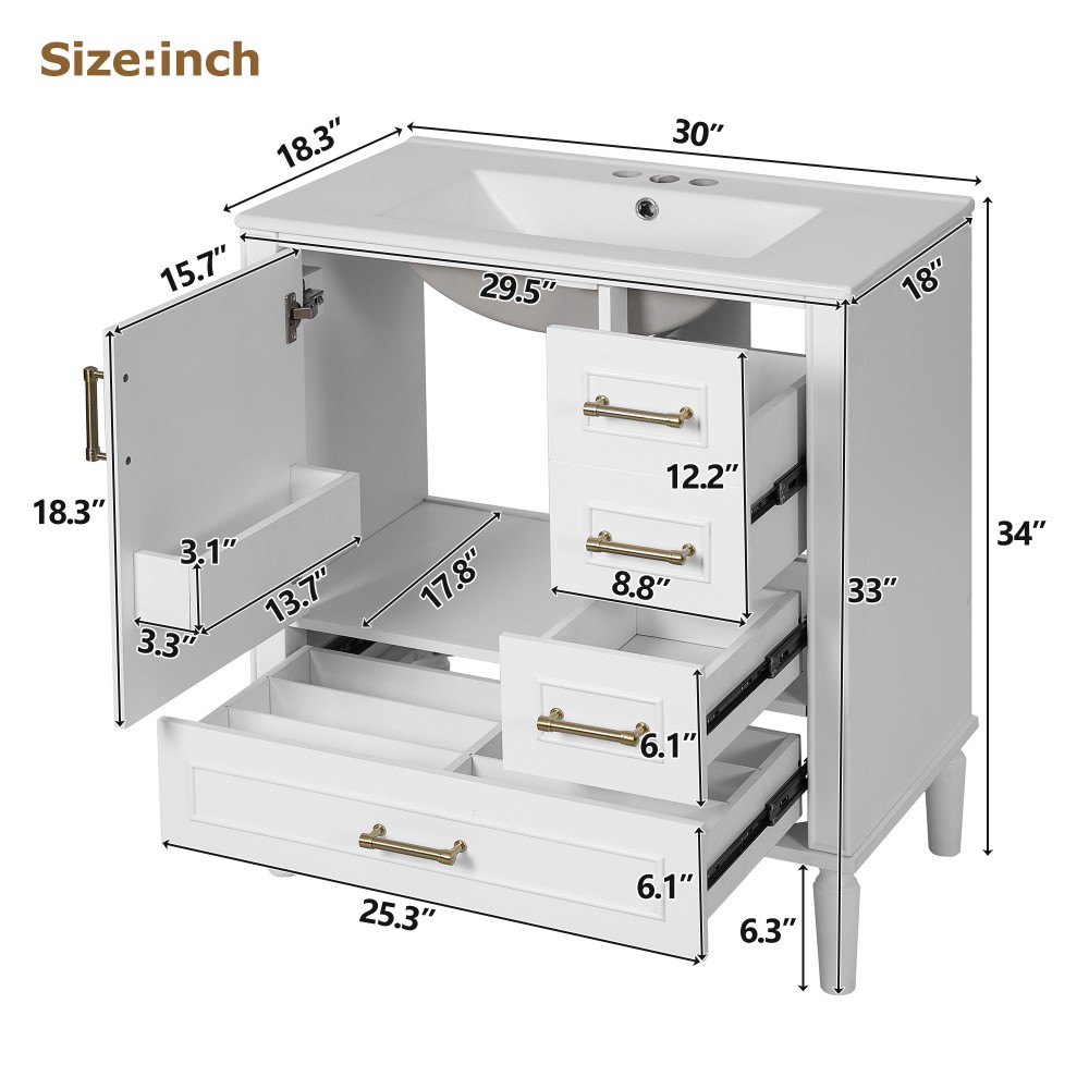 30″ Solid Wood Bathroom Vanity Ceramic Sink Soft Close Door Bath Storage Cabinet