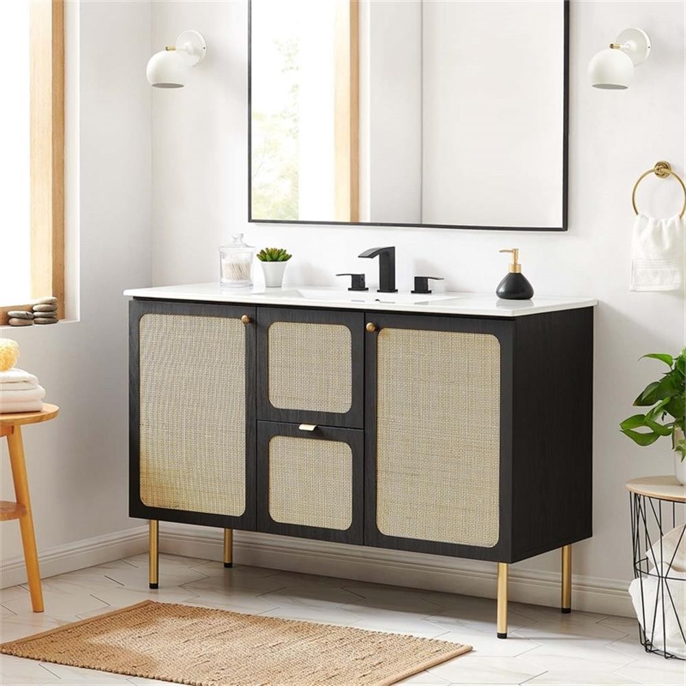 Pemberly Row 48″ Wood & Rattan Bathroom Vanity Cabinet in Black