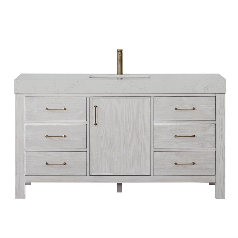 Leon 60″ Single Bathroom Vanity in Washed White w/Lightning White top & Mirror