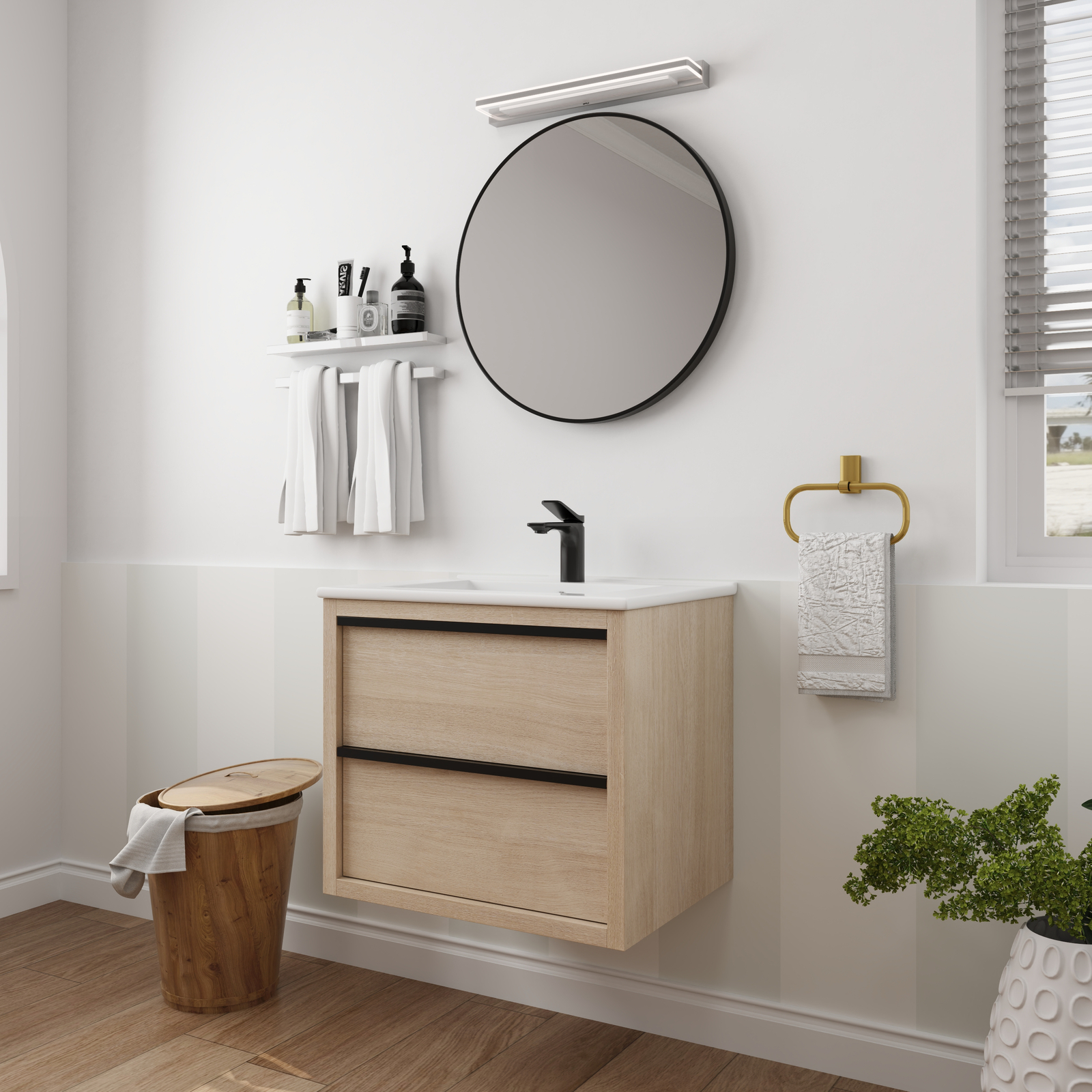 24″Wooden Wall Mounted Bathroom Vanity With Ceramic Sink Basin 2 Storage Drawers