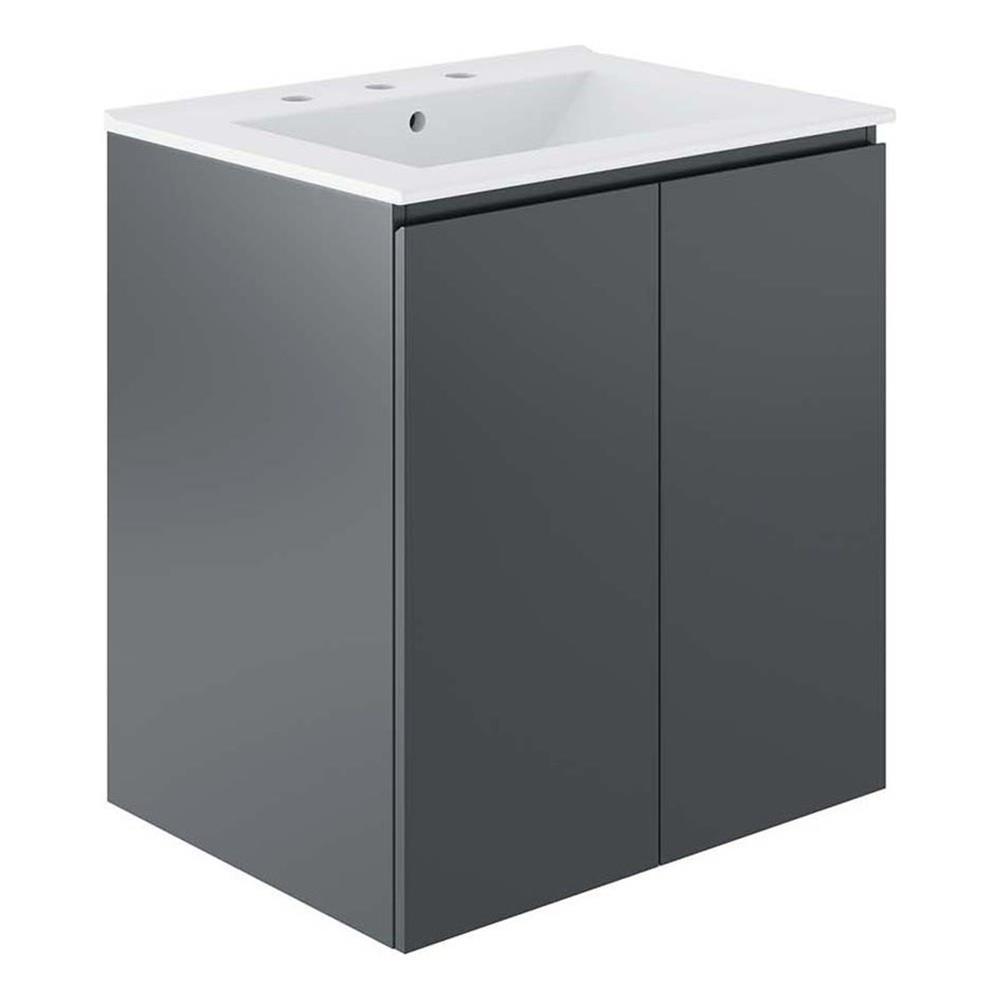 Modway Bryn 24″ Modern Wood/Ceramic Wall-Mount Bathroom Vanity in Gray/White