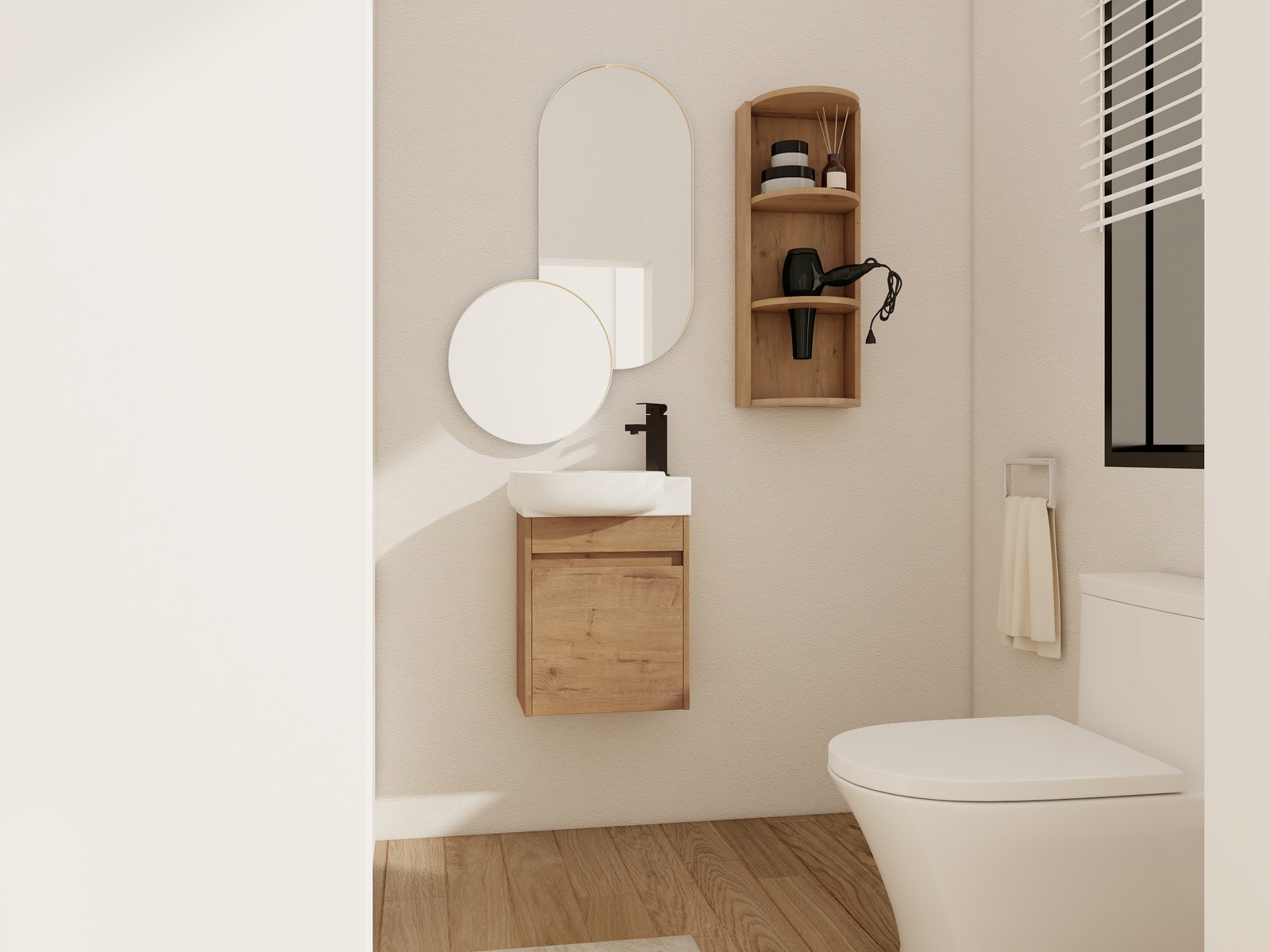 16Inch Wall Mounted Bathroom Vanity With Ceramic Sink Basin W/ Storage Rack Oak