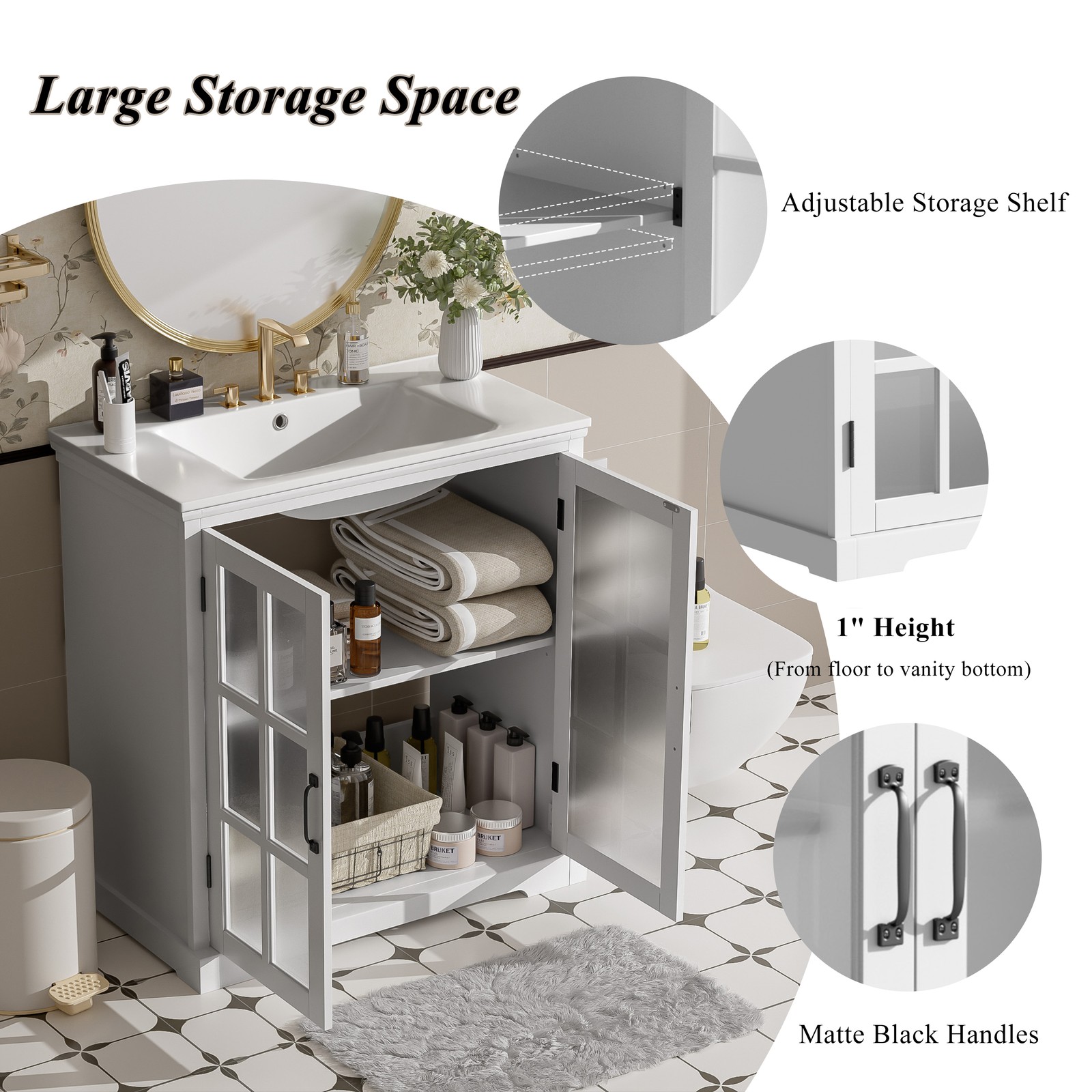 Ceramic sink, rubber-wood frame dressing table cabinet, tempered glass + handle