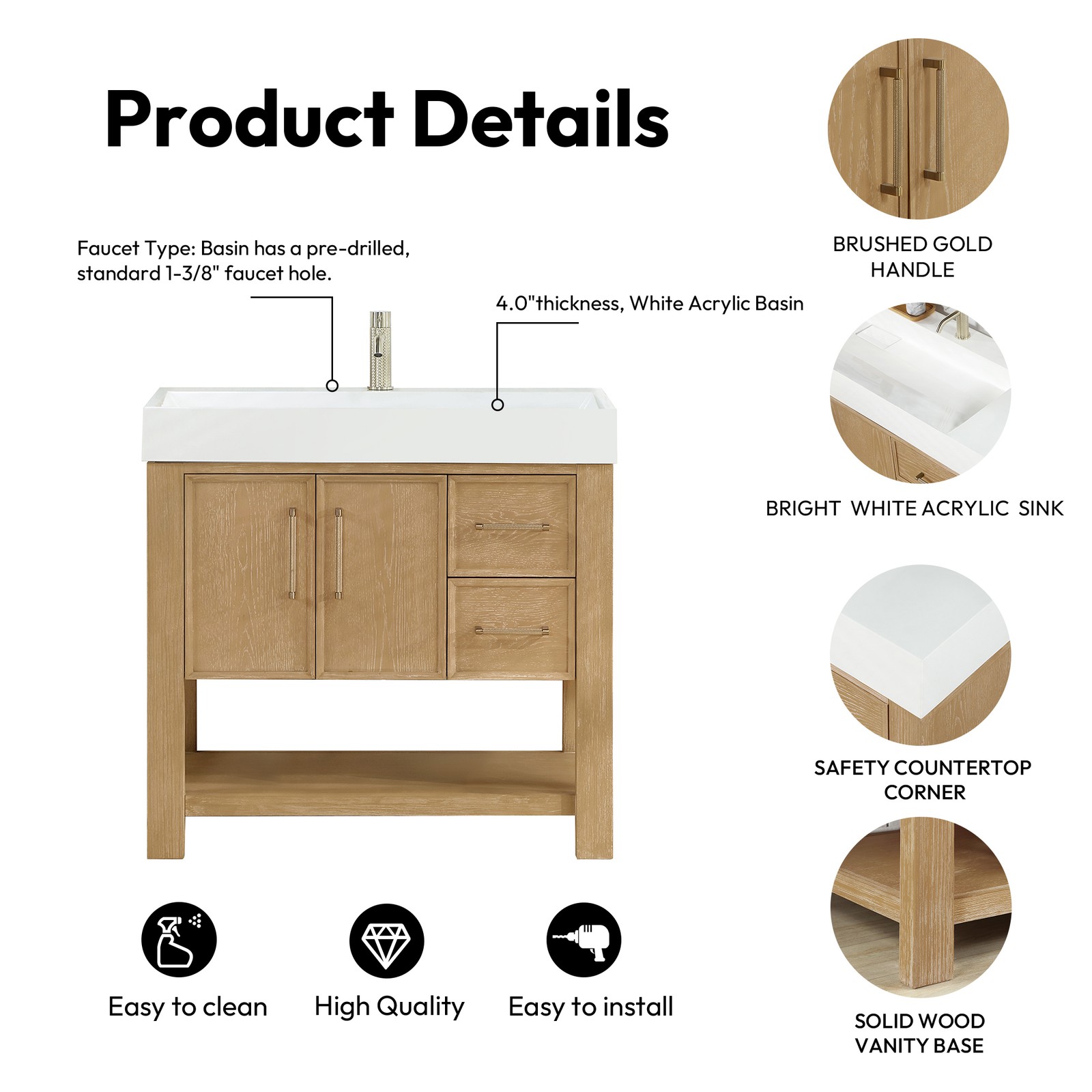 Vera 36″ Single Bath Vanity in Washed Ash Grey with White Integrated Stone Sink