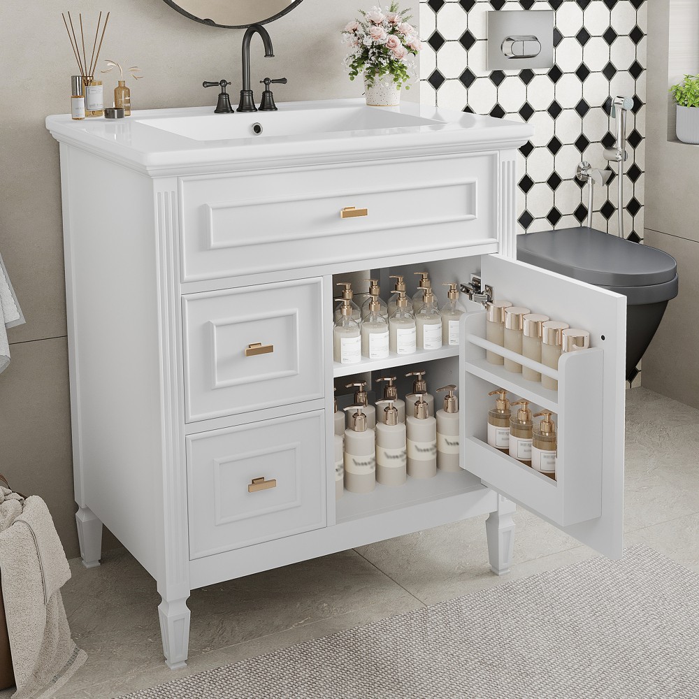 30 Inch Blue Gray Bathroom Vanity Solid Wood Frame MDF Pine Cabinet