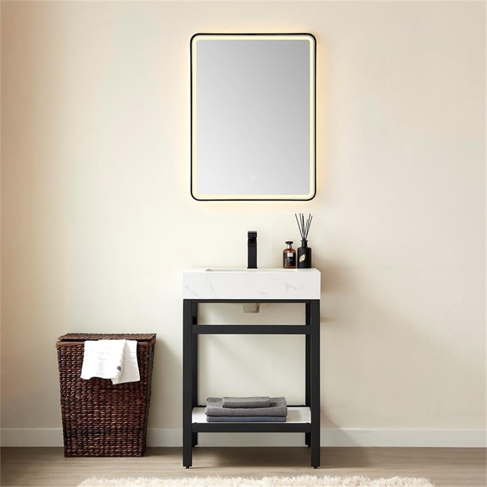 Funes 24″ Single Sink Bathroom Vanity in Matte Black Frame White Top w/ Mirror