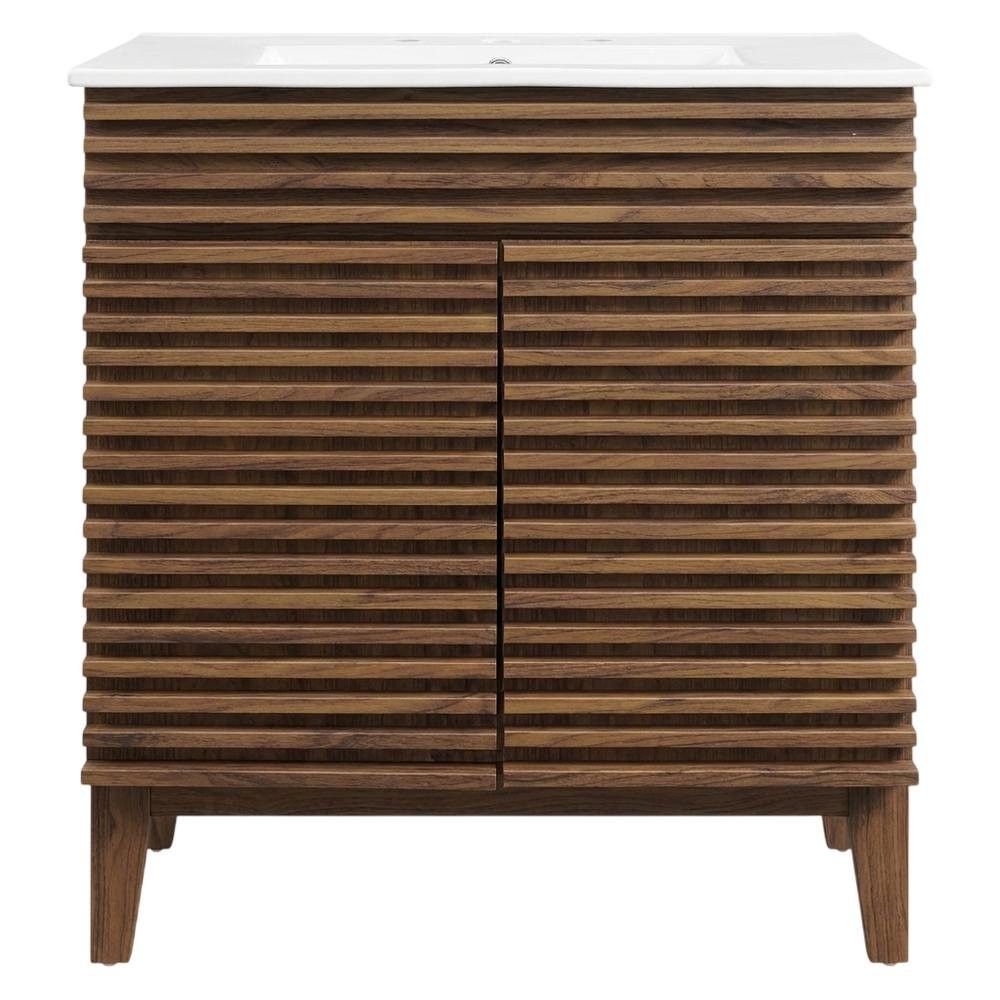 Walnut White 30-Inch Floor-Mount Bathroom Vanity Cabinet with Sink