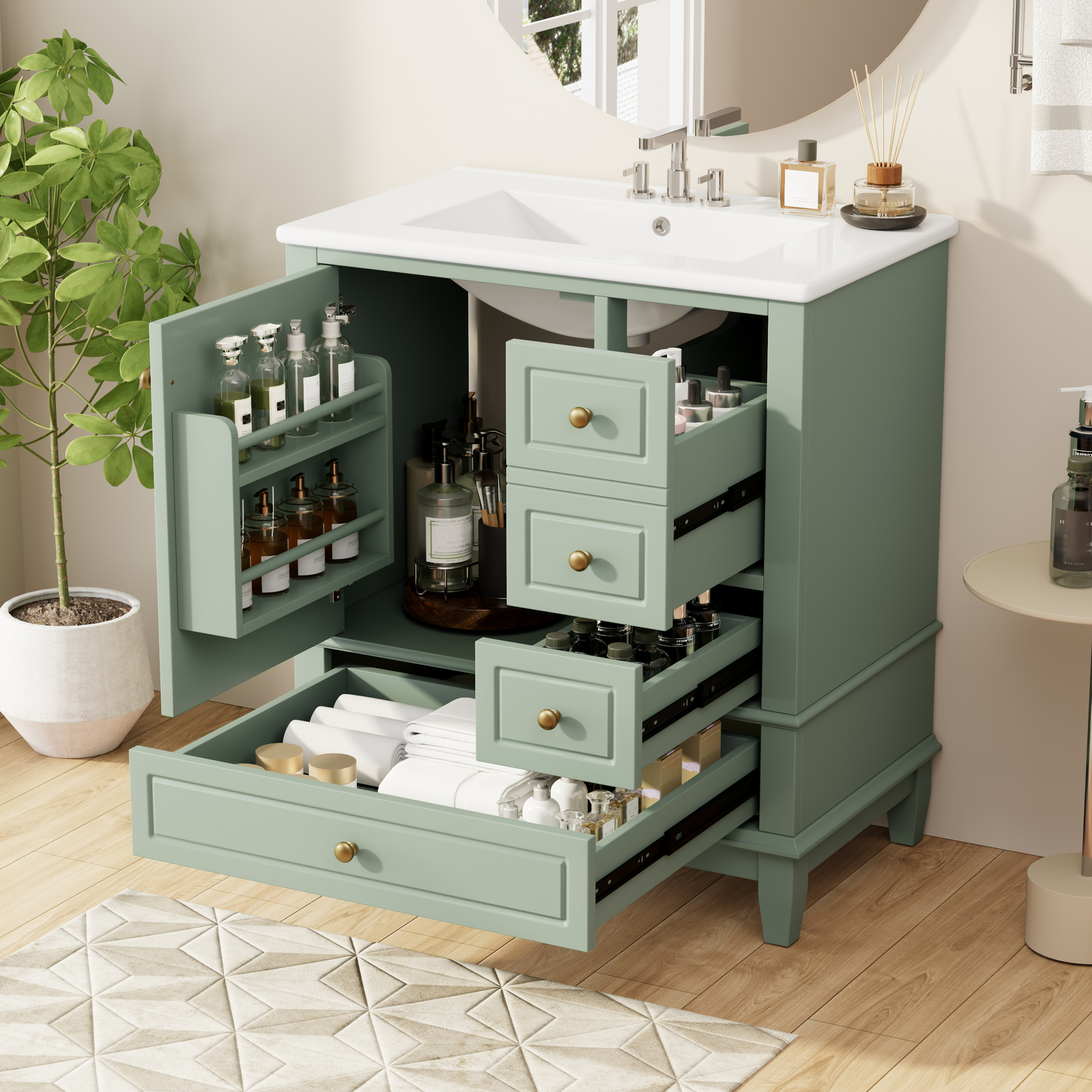 30″ Bathroom Vanity w/Ceramic Sink Freestanding Solid Wood Storage Cabinet Shelf