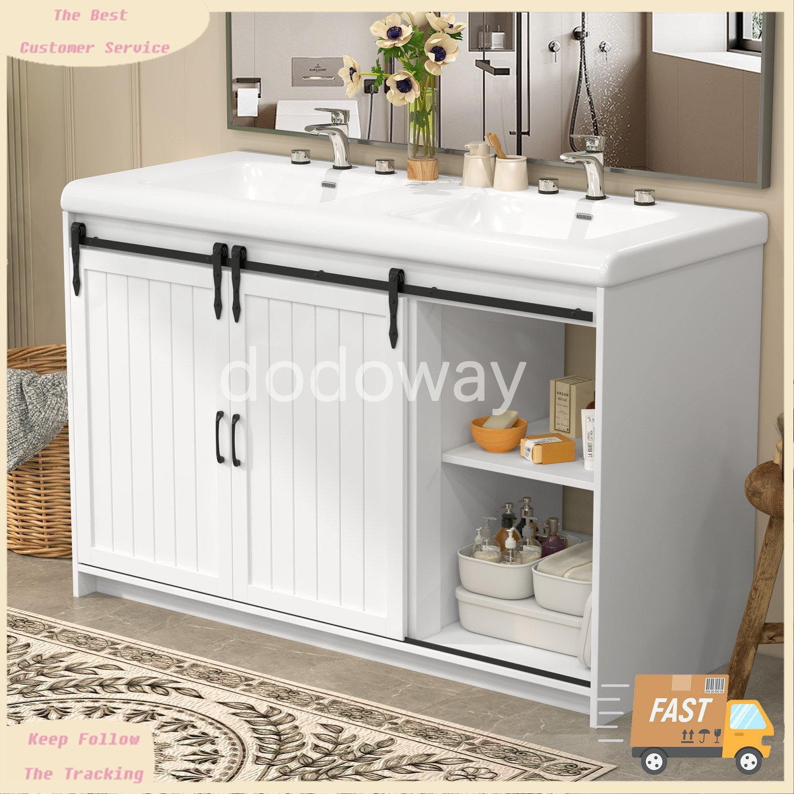 47″ Large Bathroom 2 Vanity Ceramic Sink Set Cabinet with Drawers & Cabinets