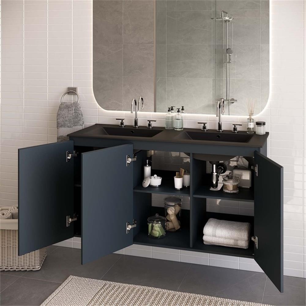 Pemberly Row 48″ Modern Wood/Ceramic Double Sink Bathroom Vanity in Gray/Black