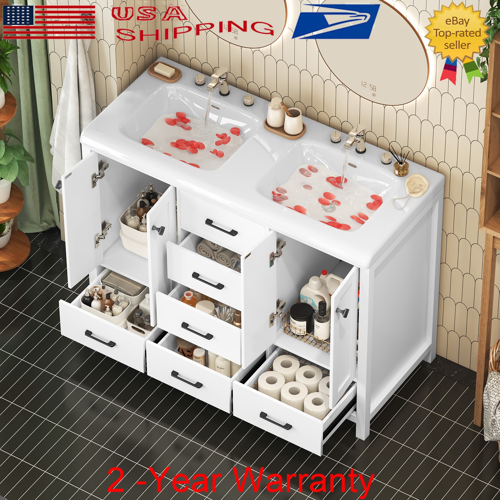 47.3″ Bathroom Vanity w/ Double Sink Freestanding Bath Vanity Cabinet Drawer New