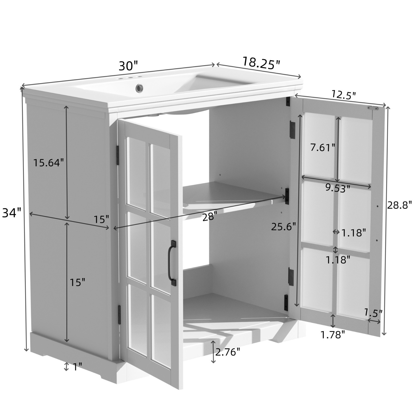 30″Bathroom Vanity with Ceramic Sink and Tempered Blurred Glass & Matte Handles
