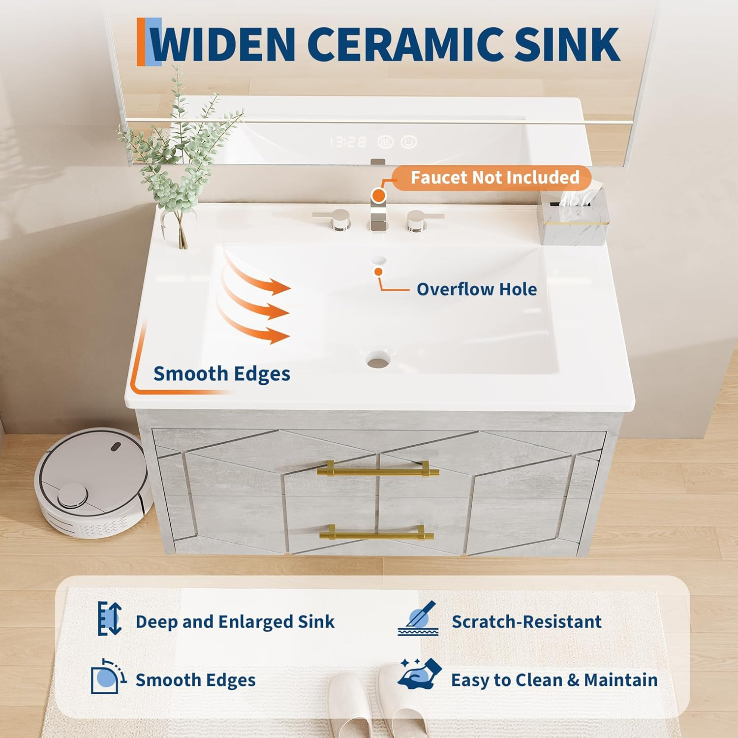 Floating Bathroom Vanity with Sink 24 Inch, Modern Bathroom Sink Cabinet, Cerami