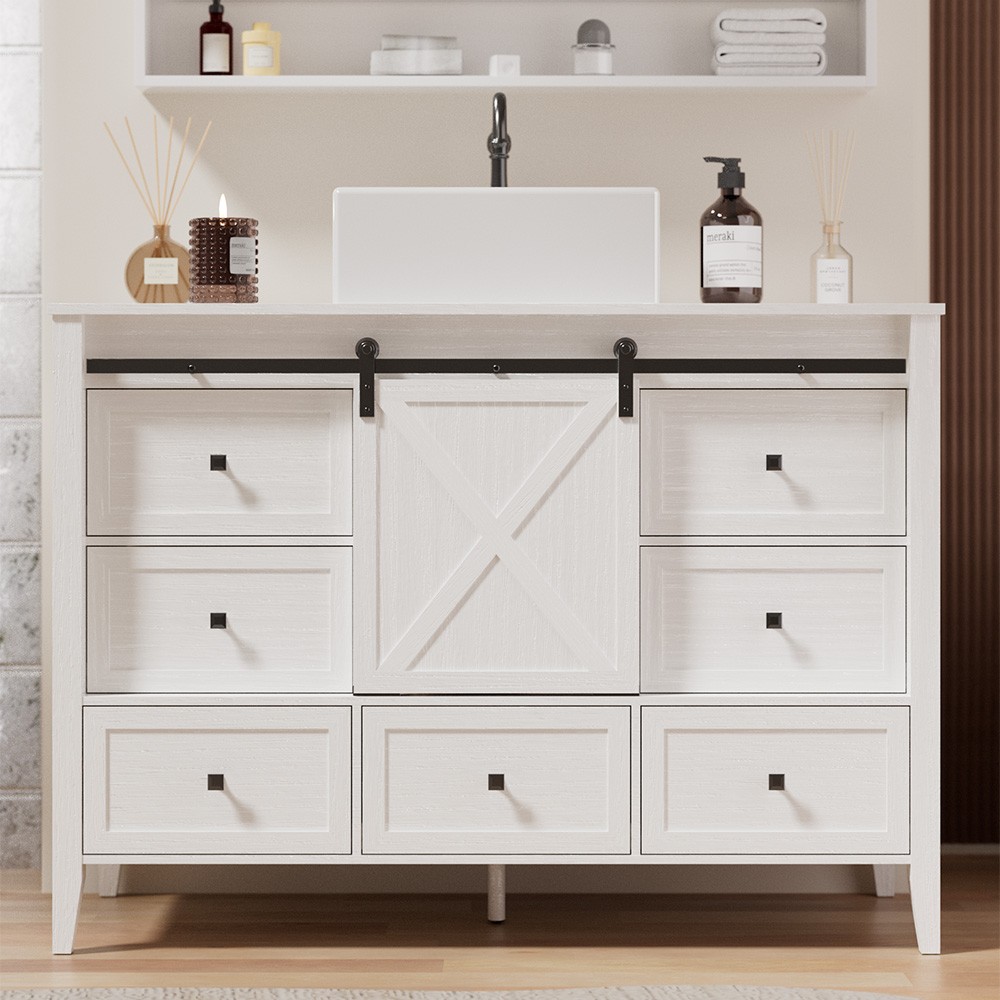 48-inch Bathroom Vanity with Sink Ceramic Freestanding Cabinet Sliding Barn Door