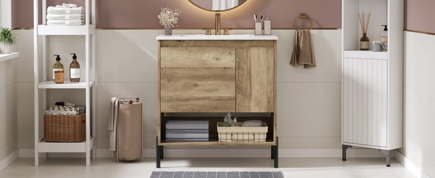 30″ Modern Wood Bathroom Vanity w/Ceramic Sink Bathroom Storage Cabinet，Drawer