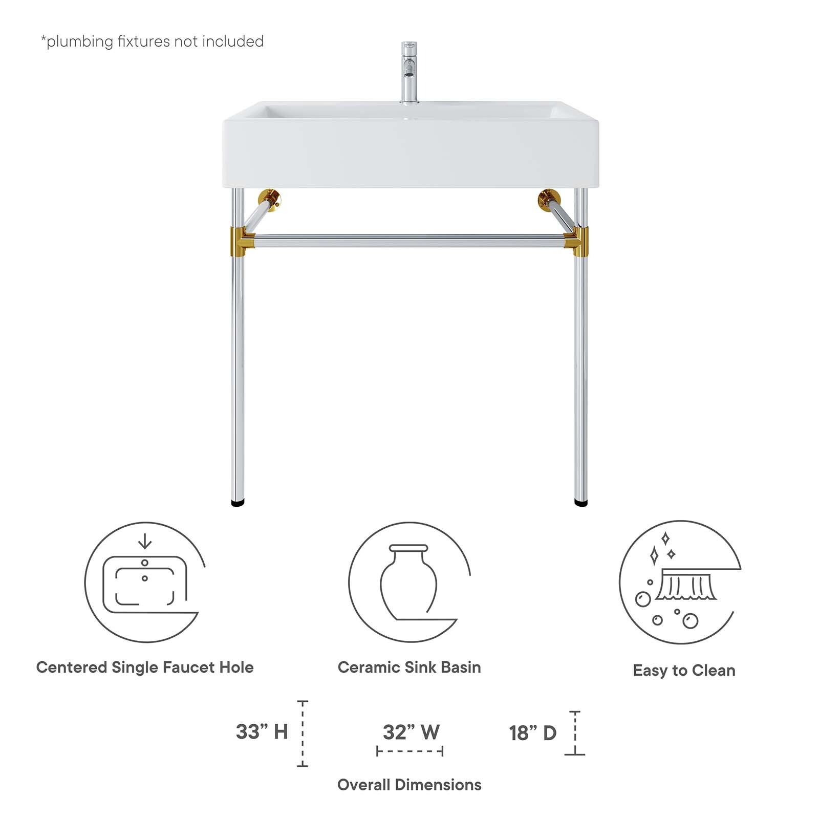 Modway Redeem 32″ Wall-Mount Silver Stainless Steel Bathroom Vanity