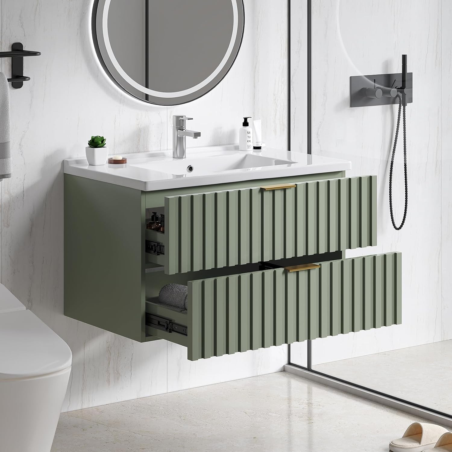 24 Inch Bathroom Vanity W/ Sink Combo Floating Bathroom Vanity W/ 2 Fluted