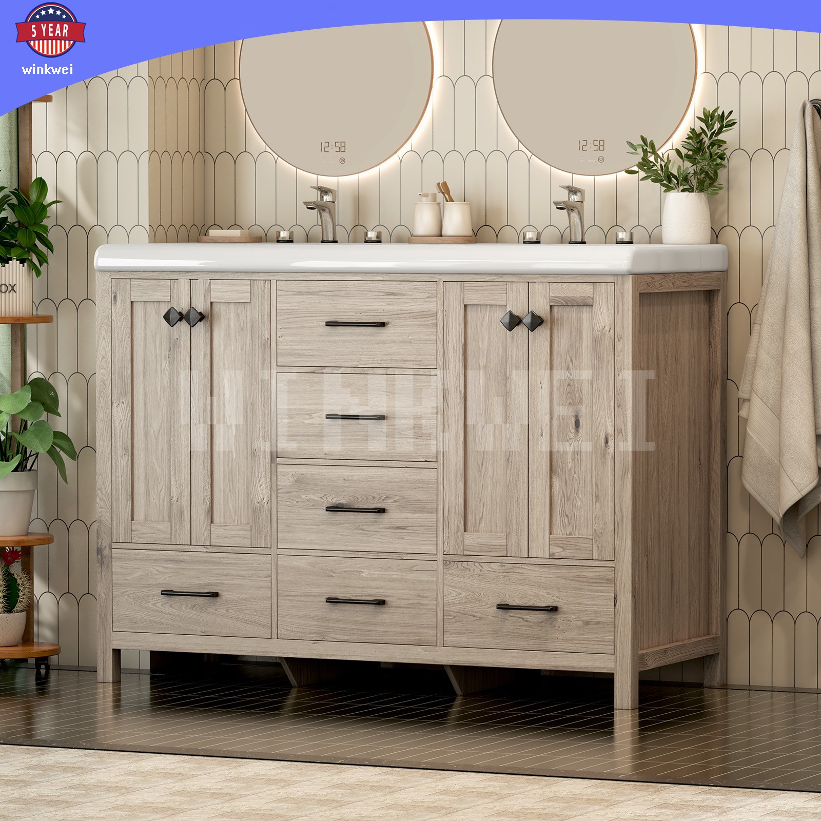 47.3″ Grey Bathroom Vanity Vanity Top Double Sink Ceramic 5 Drawer Freestanding