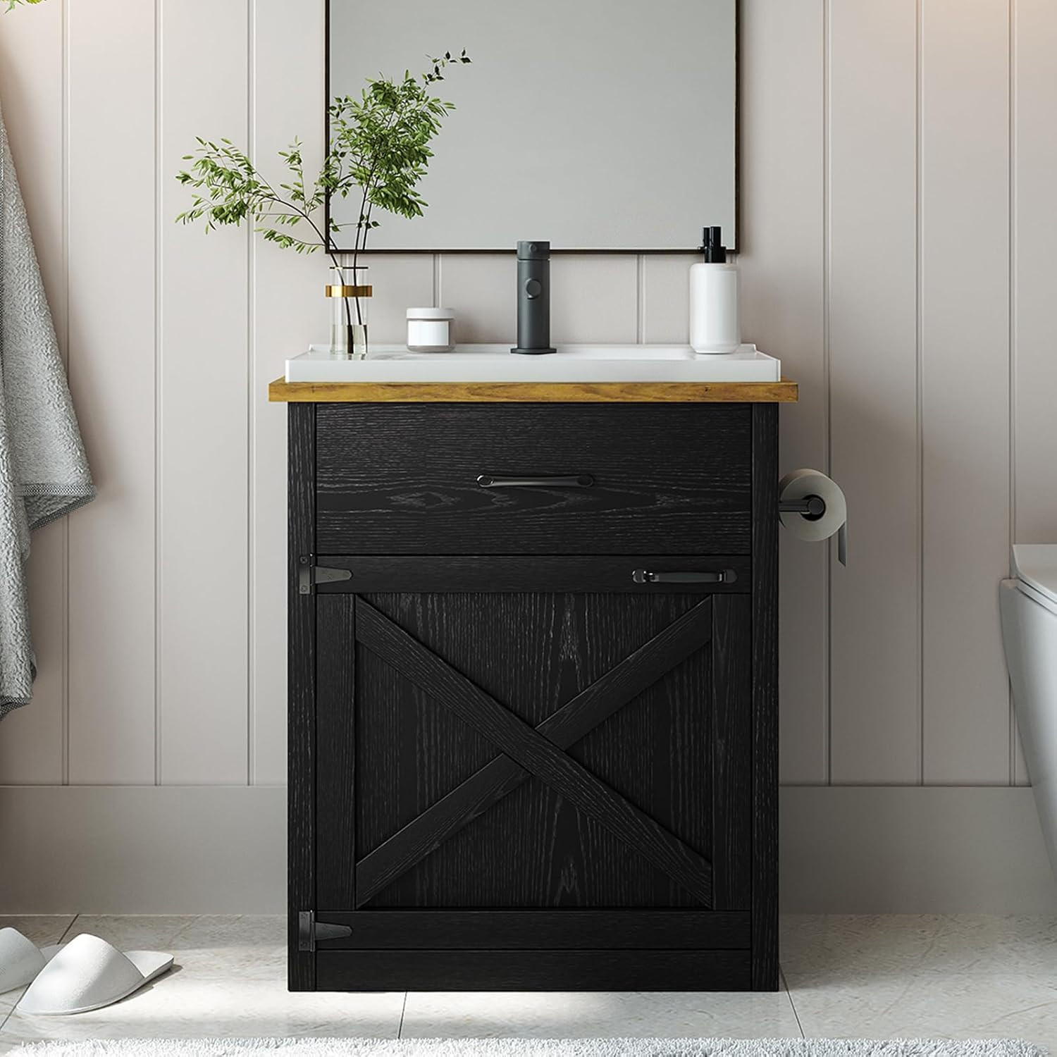 4Ever2Buy 24 Inch Bathroom Vanity with Sink, Farmhouse Bathroom Vanity Cabinet w