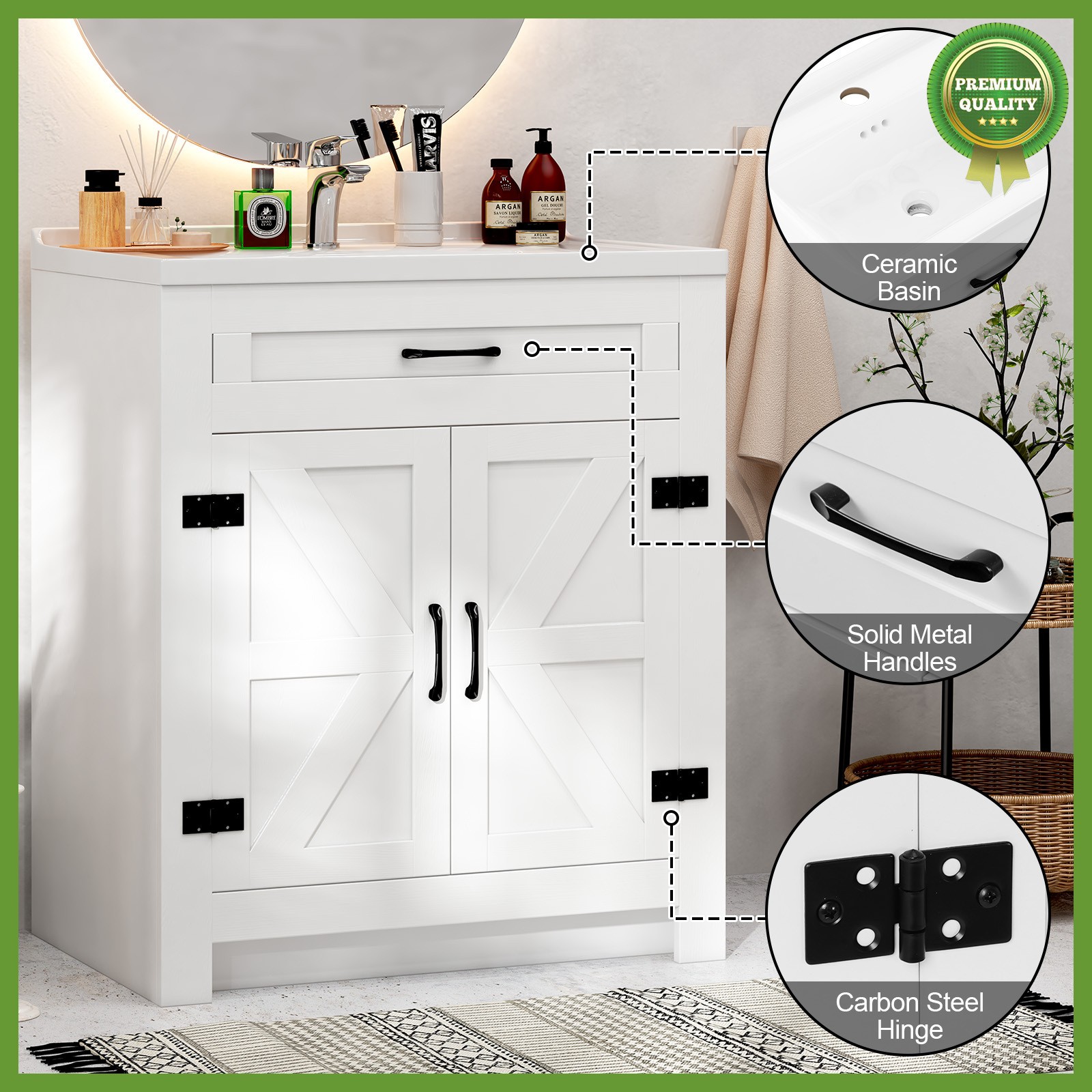 31” White Wood Bathroom Vanity Combo with Drop in Ceramic Sink Storage Cabinet