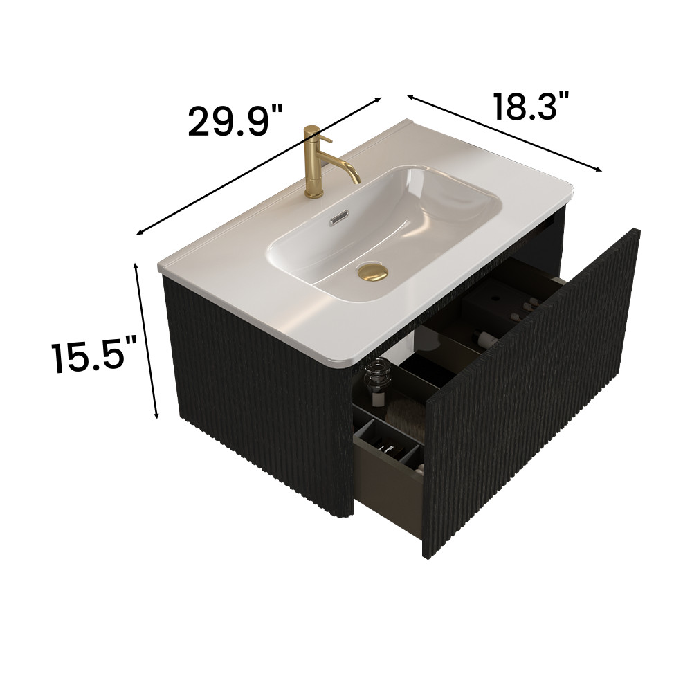 Etna 30″ Brushed Black Oak Floating Bathroom Vanity with White Ceramic Sink