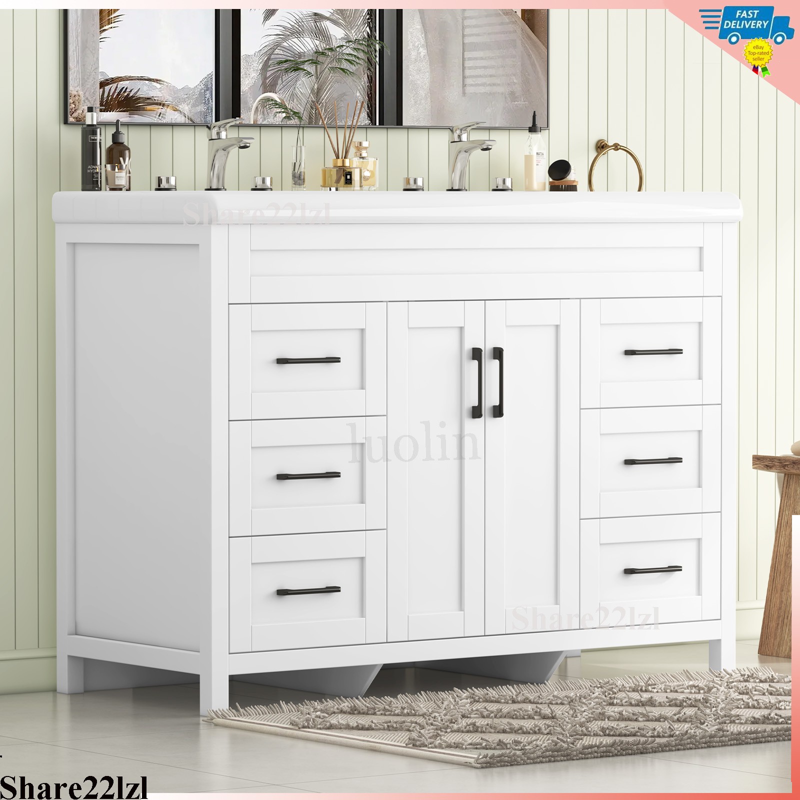 47″ Bathroom Vanity w/Double Ceramic Sink, Freestanding Vanity Cabinet Storage