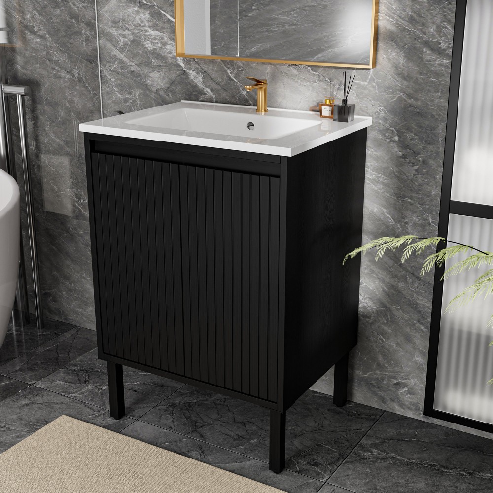 24 in Vanity for Bathroom Matt Black Floor Standing MDF Large Storage Drawers